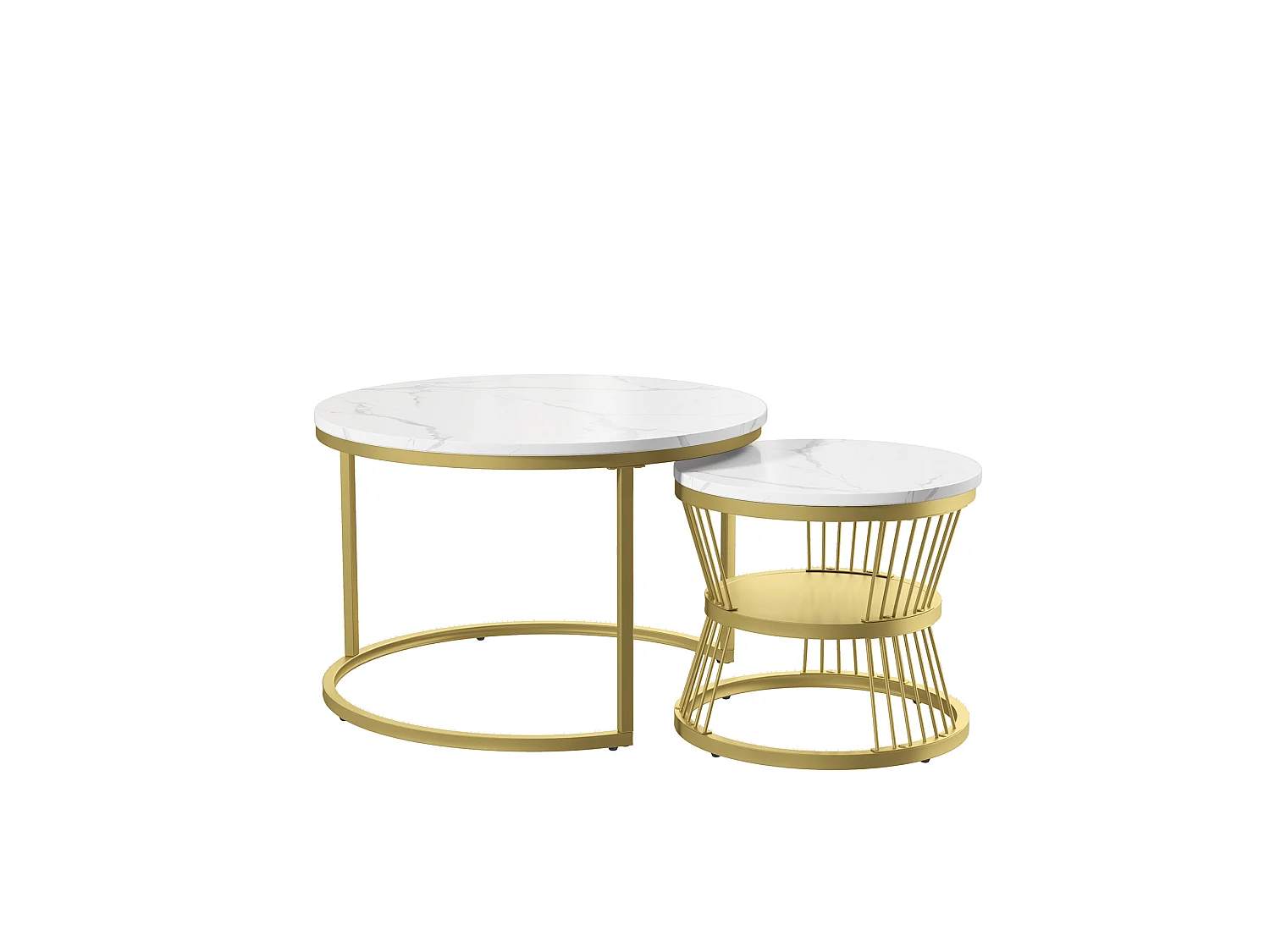 Lot de 2 Tables basses rondes– Table d'appoint Ø70 cm et 45 cm – table de salon - style moderne – motif marbre blanc –  en métal Doré