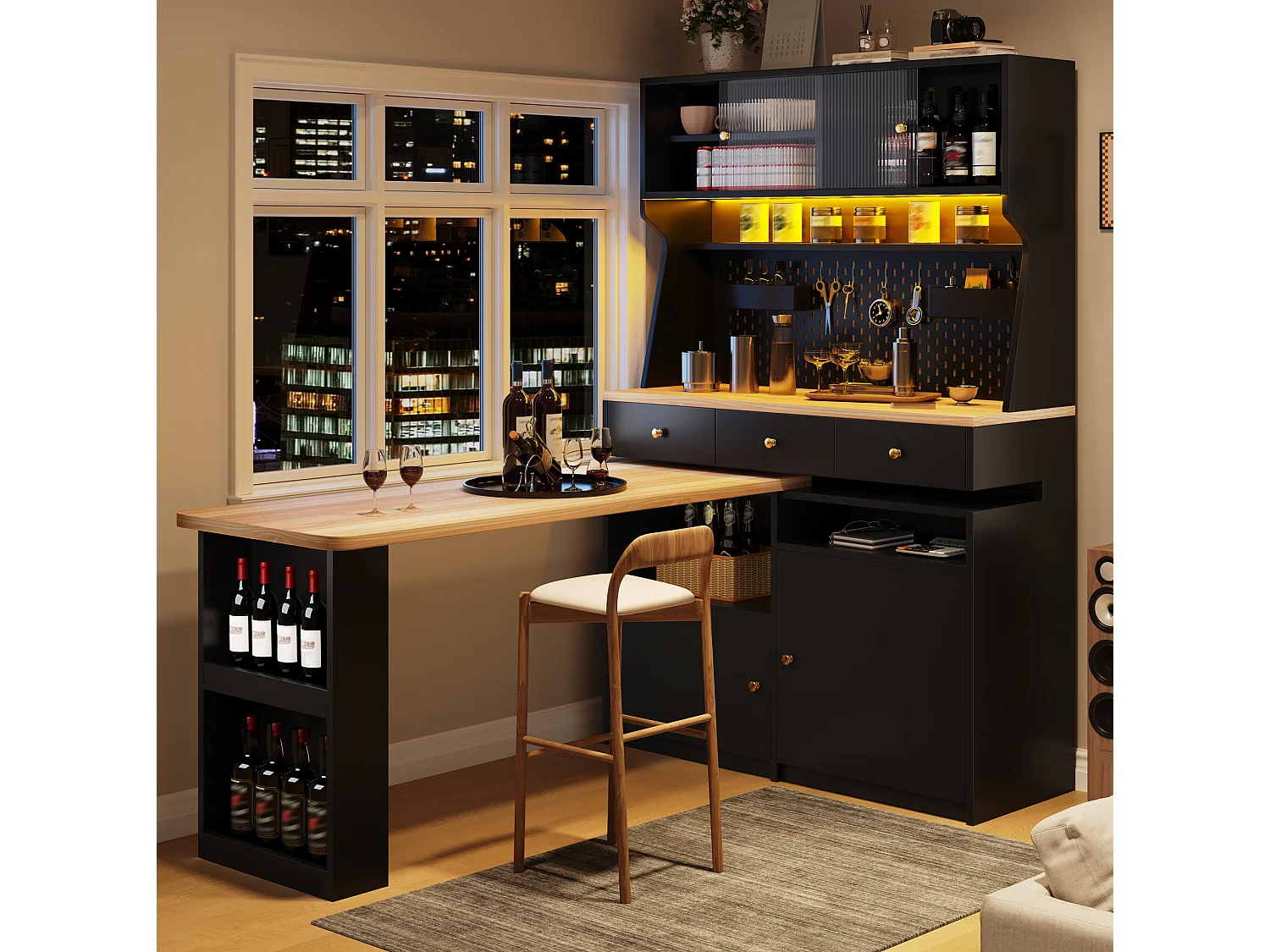 Meuble bar de cuisine avec plateau pivotant, LED, 3 tiroirs et 4 portes - Noir
