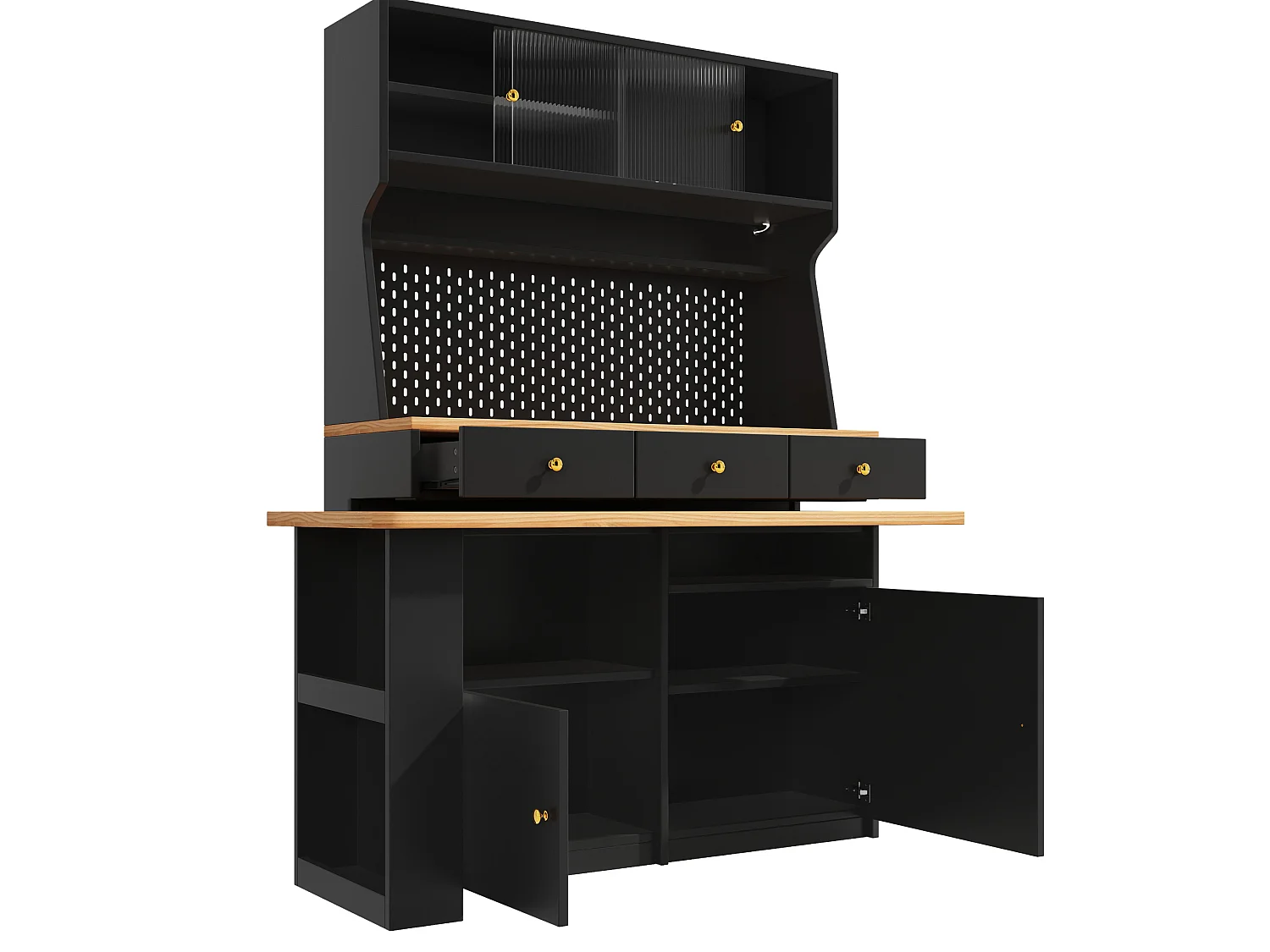 Meuble bar de cuisine avec plateau pivotant, LED, 3 tiroirs et 4 portes - Noir
