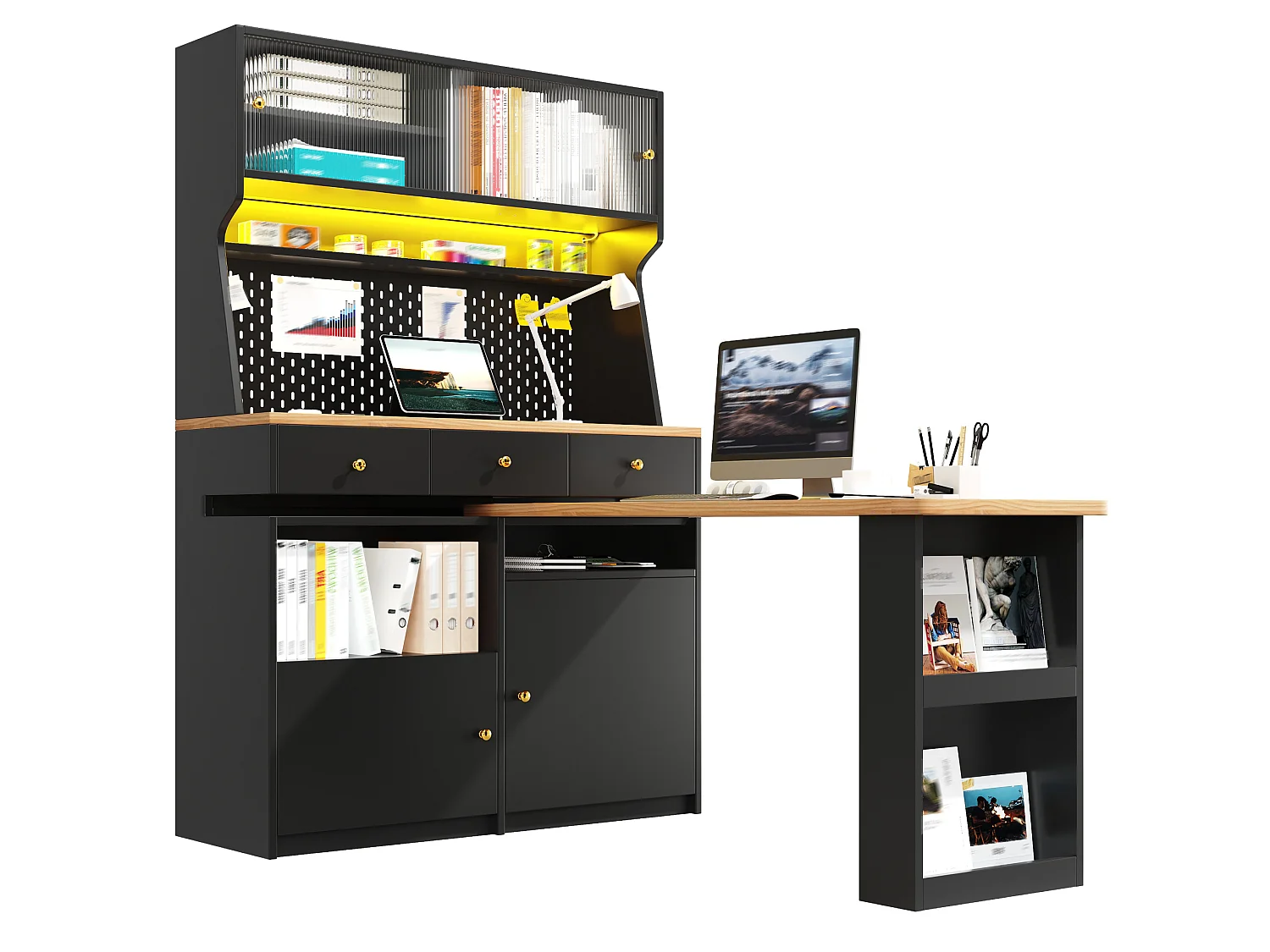 Meuble bar de cuisine avec plateau pivotant, LED, 3 tiroirs et 4 portes - Noir