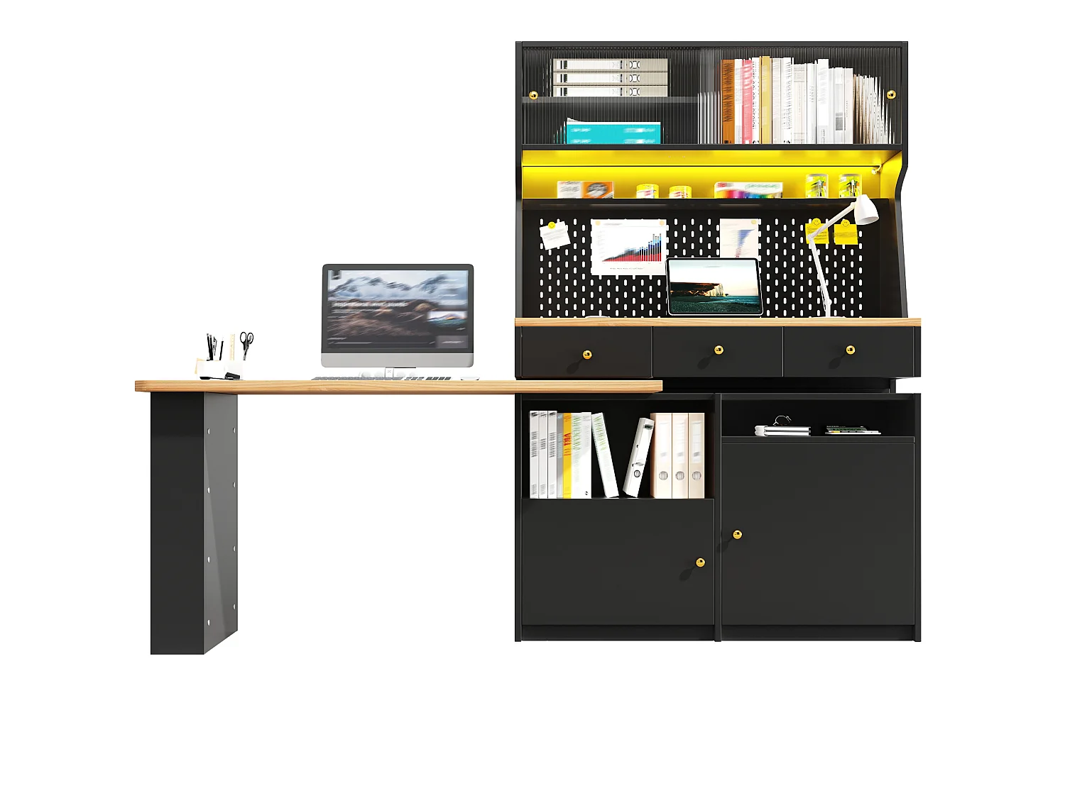 Meuble bar de cuisine avec plateau pivotant, LED, 3 tiroirs et 4 portes - Noir