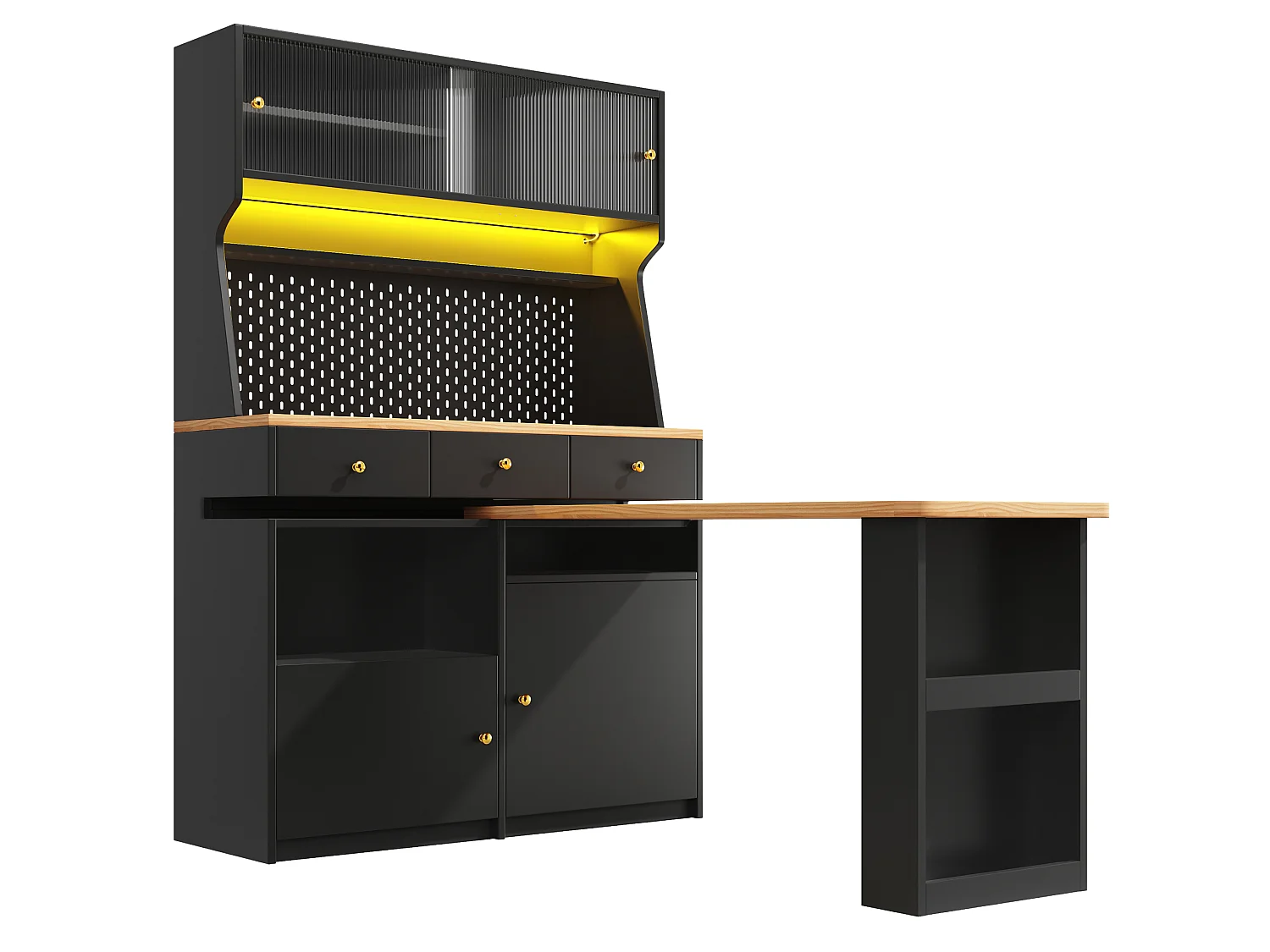 Meuble bar de cuisine avec plateau pivotant, LED, 3 tiroirs et 4 portes - Noir