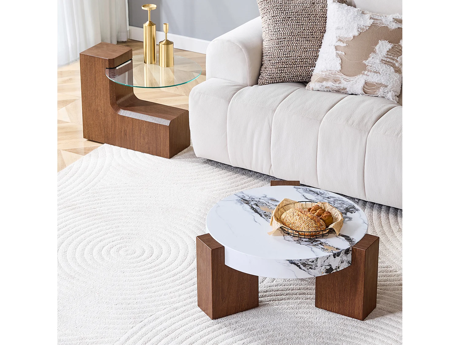 Lot de 2 tables basses rondes gigognes Marron et blanc effet marbre - MDF et verre