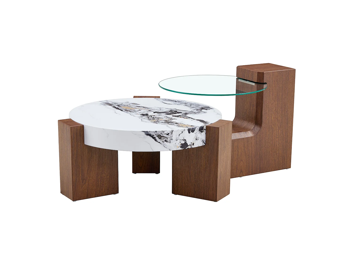 Lot de 2 tables basses rondes gigognes Marron et blanc effet marbre - MDF et verre