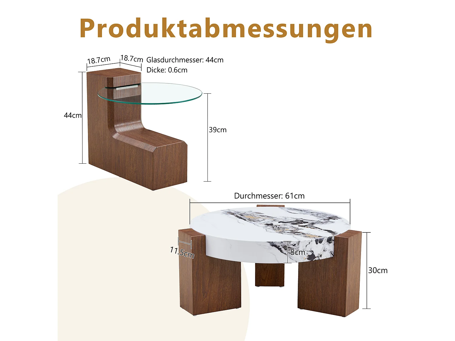 Lot de 2 tables basses rondes gigognes Marron et blanc effet marbre - MDF et verre
