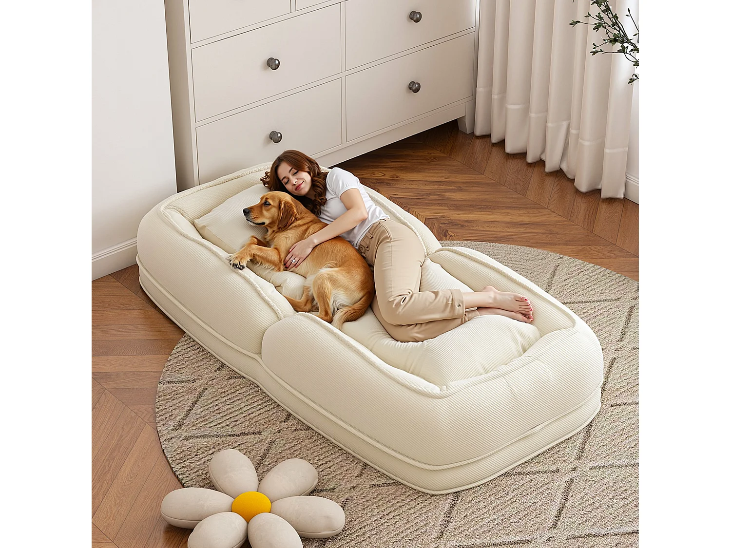 Poltrona ergonómica convertível com 5 posições e 2 almofadas - Tecido branco-creme