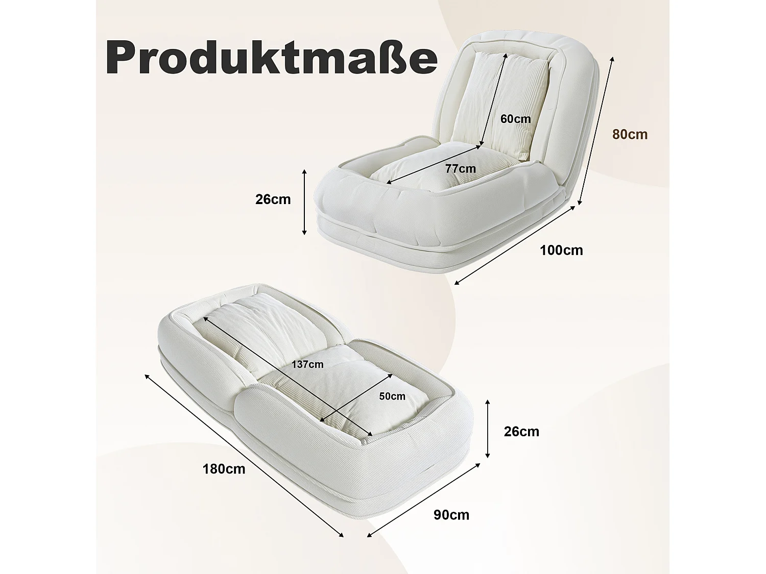Poltrona ergonómica convertível com 5 posições e 2 almofadas - Tecido branco-creme