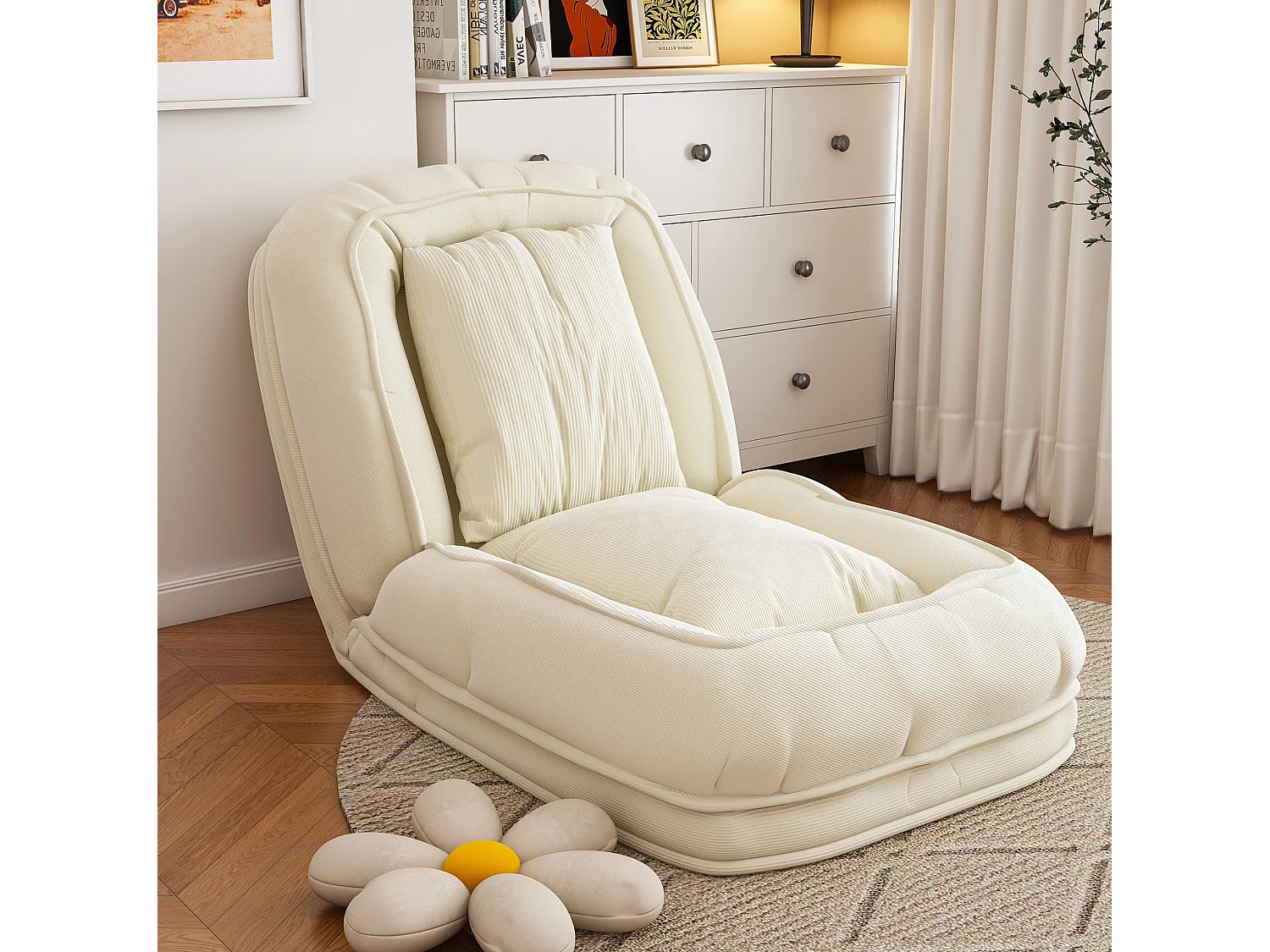 Poltrona ergonómica convertível com 5 posições e 2 almofadas - Tecido branco-creme