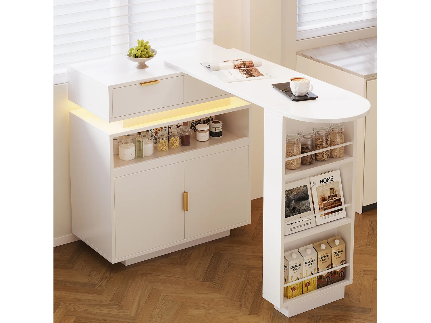 Mesa de bar extensível e giratória com 2 gavetas, 2 portas e iluminação LED - Branca