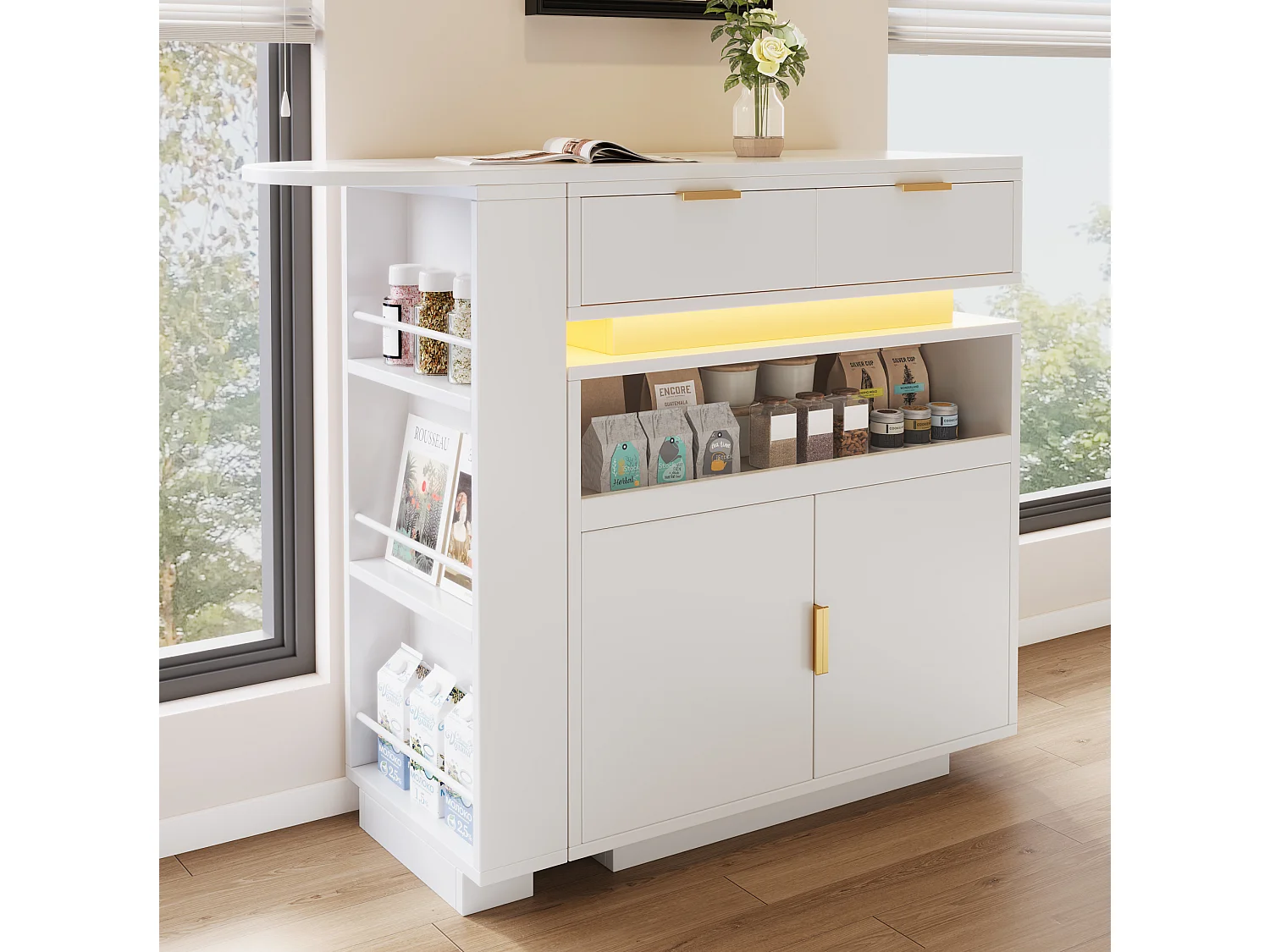 Mesa de bar extensível e giratória com 2 gavetas, 2 portas e iluminação LED - Branca