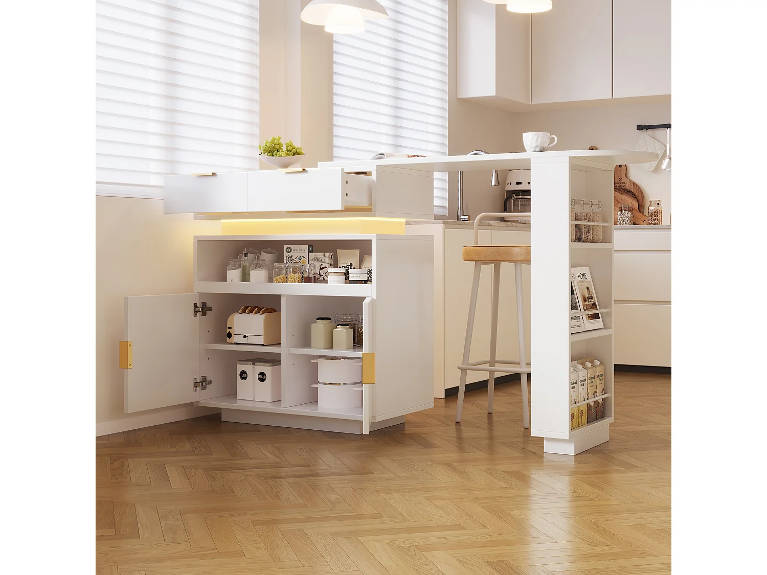 Mesa de bar extensível e giratória com 2 gavetas, 2 portas e iluminação LED - Branca