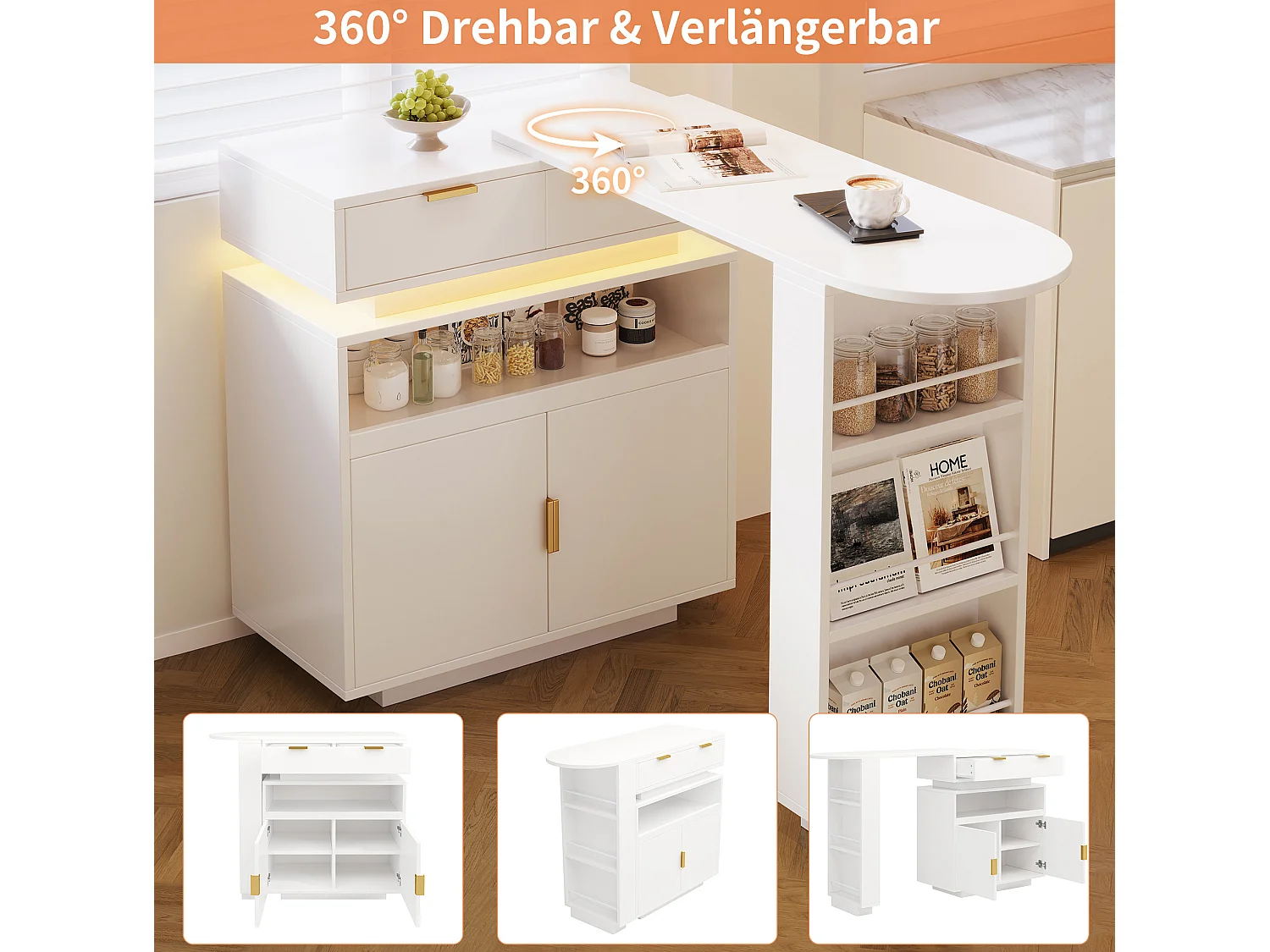 Mesa de bar extensível e giratória com 2 gavetas, 2 portas e iluminação LED - Branca