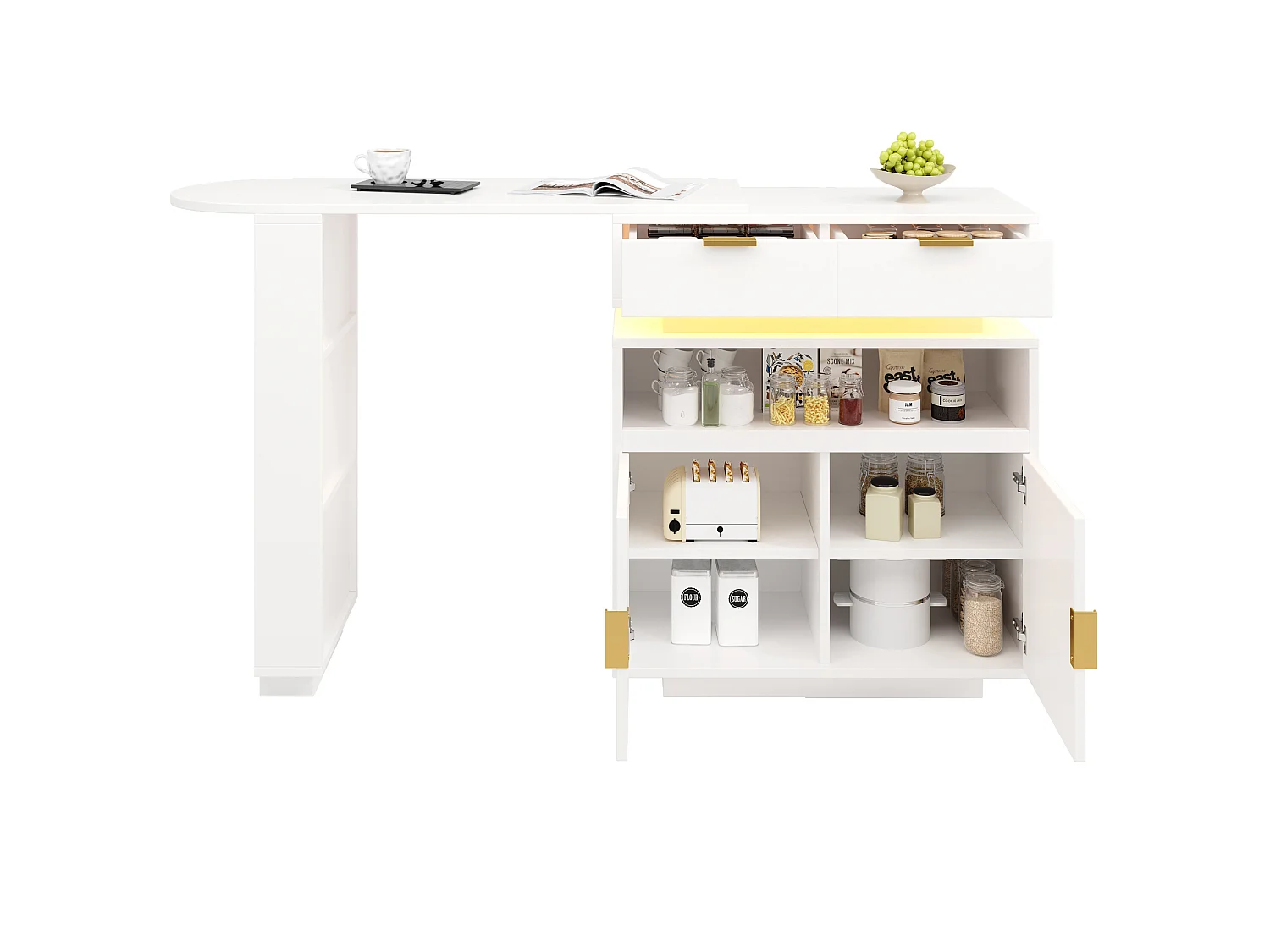 Mesa de bar extensível e giratória com 2 gavetas, 2 portas e iluminação LED - Branca