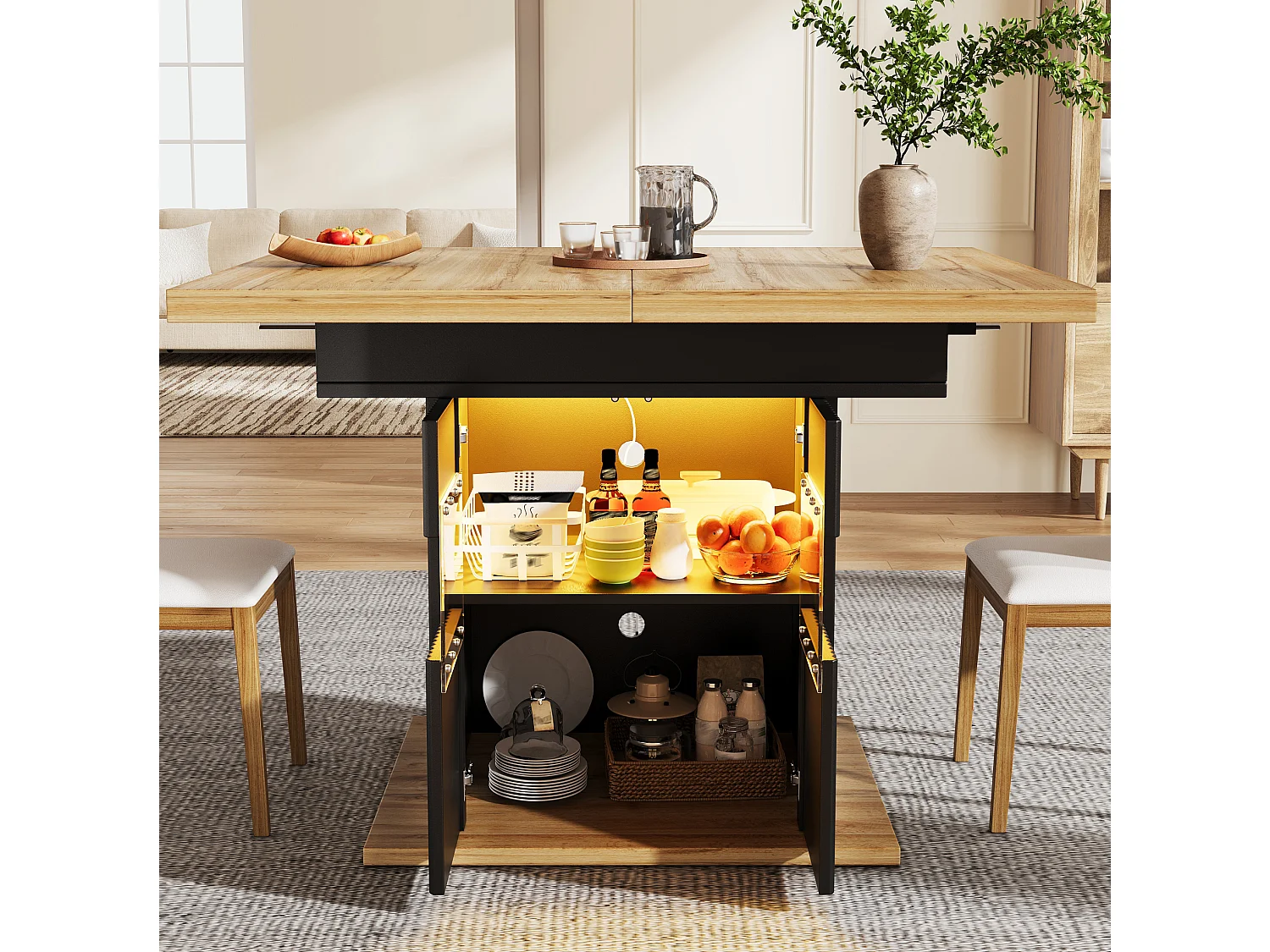 Table à manger extensible 110-140 x 80 cm noir et bois avec 2 portes et LED - Pour 4 à 6 personnes