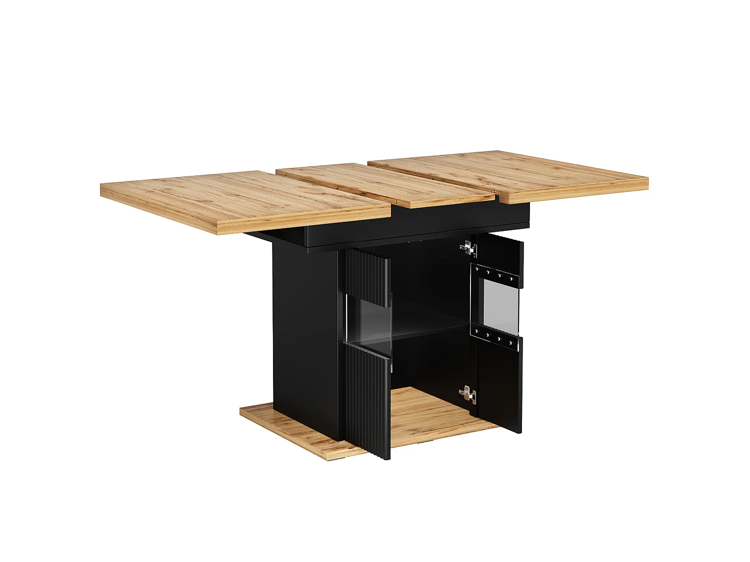 Table à manger extensible 110-140 x 80 cm noir et bois avec 2 portes et LED - Pour 4 à 6 personnes