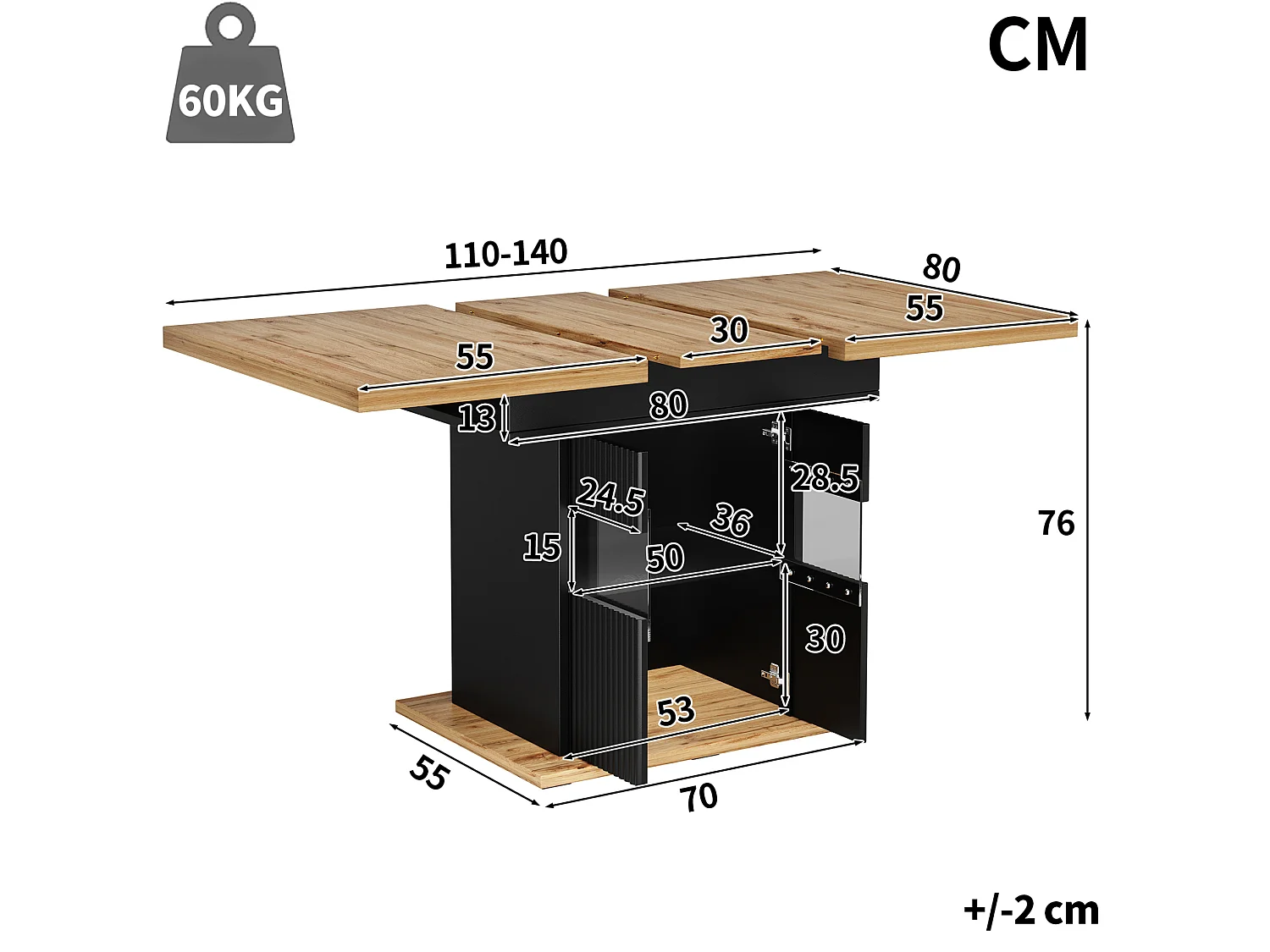 Table à manger extensible 110-140 x 80 cm noir et bois avec 2 portes et LED - Pour 4 à 6 personnes