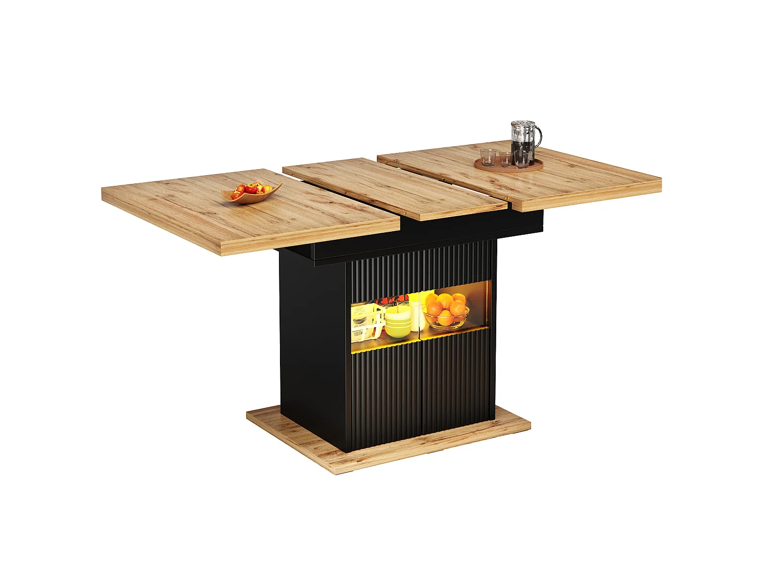 Table à manger extensible 110-140 x 80 cm noir et bois avec 2 portes et LED - Pour 4 à 6 personnes