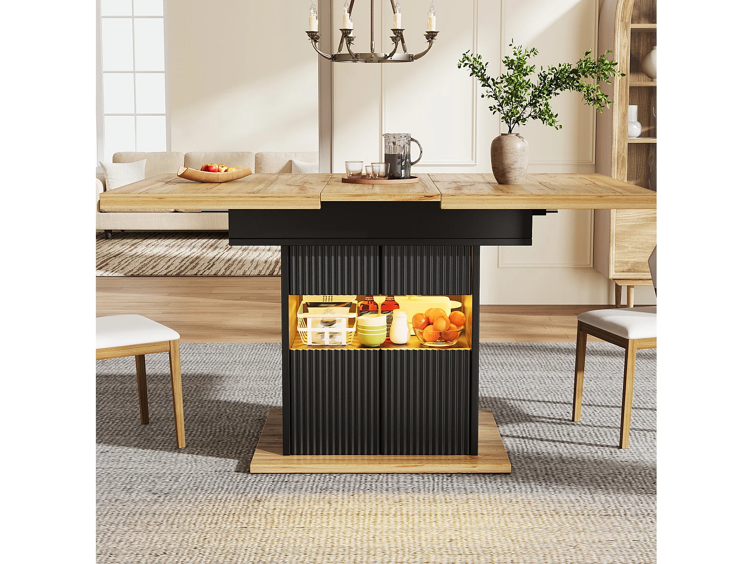 Table à manger extensible 110-140 x 80 cm noir et bois avec 2 portes et LED - Pour 4 à 6 personnes