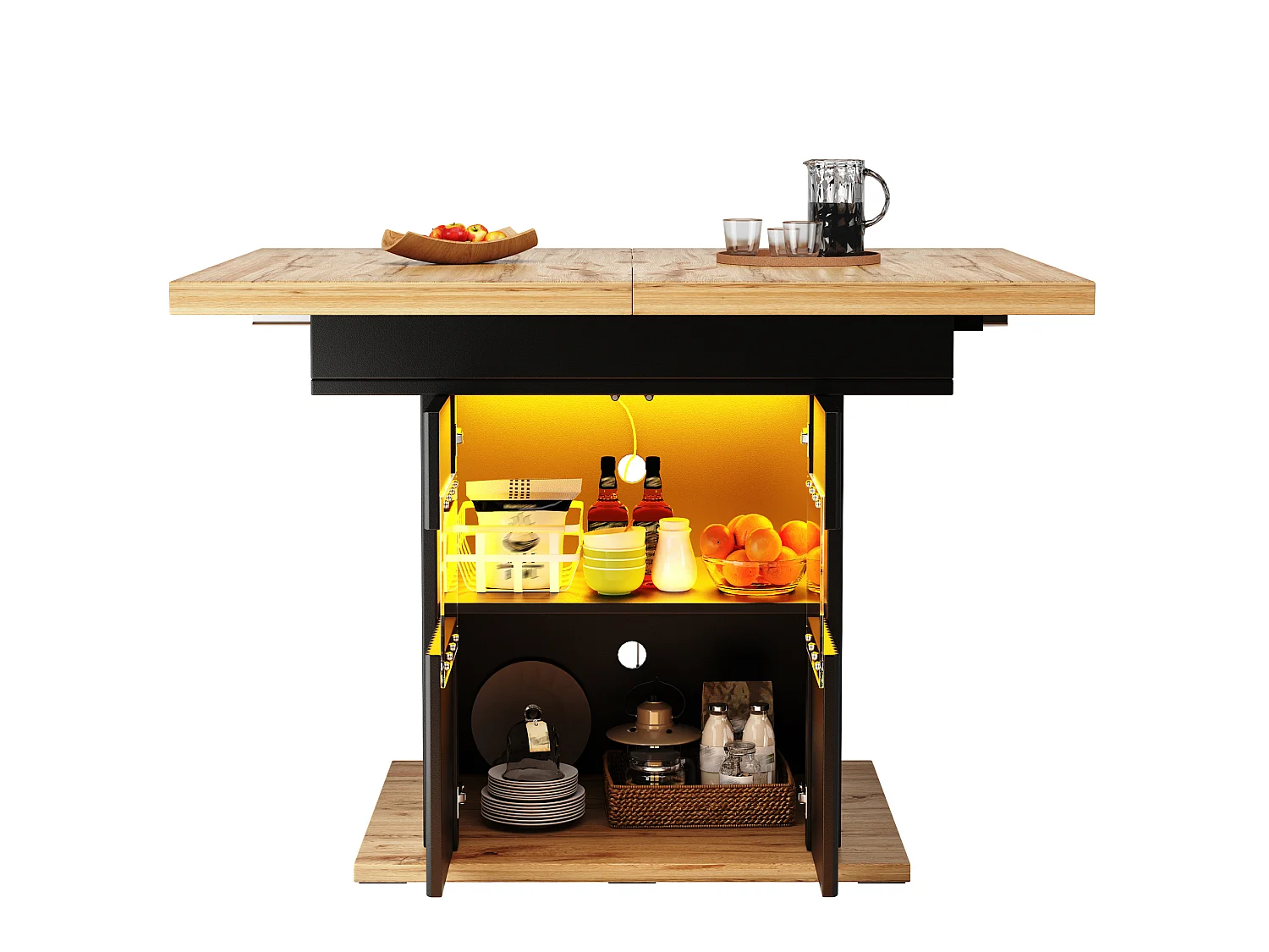 Table à manger extensible 110-140 x 80 cm noir et bois avec 2 portes et LED - Pour 4 à 6 personnes