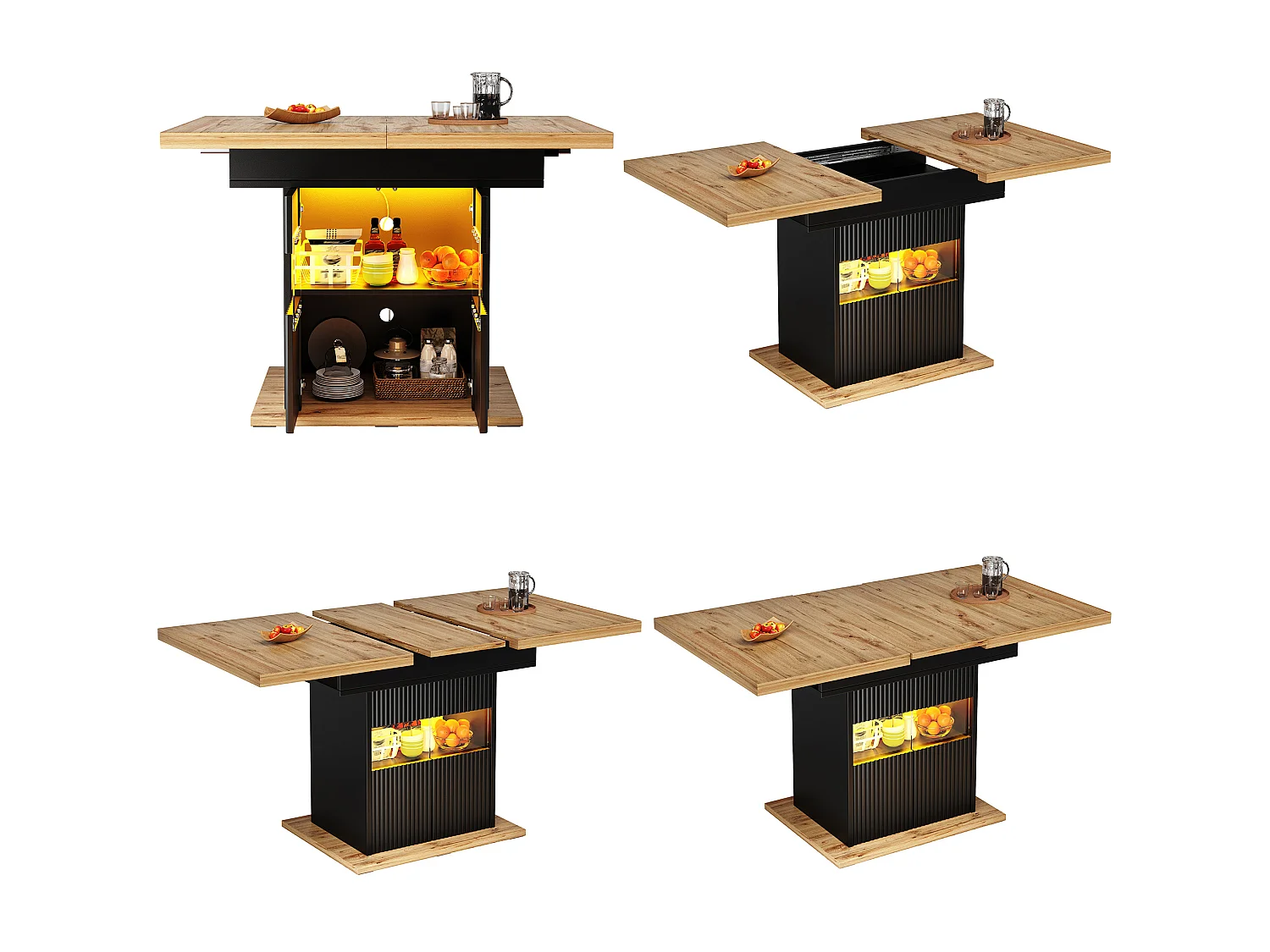 Table à manger extensible 110-140 x 80 cm noir et bois avec 2 portes et LED - Pour 4 à 6 personnes