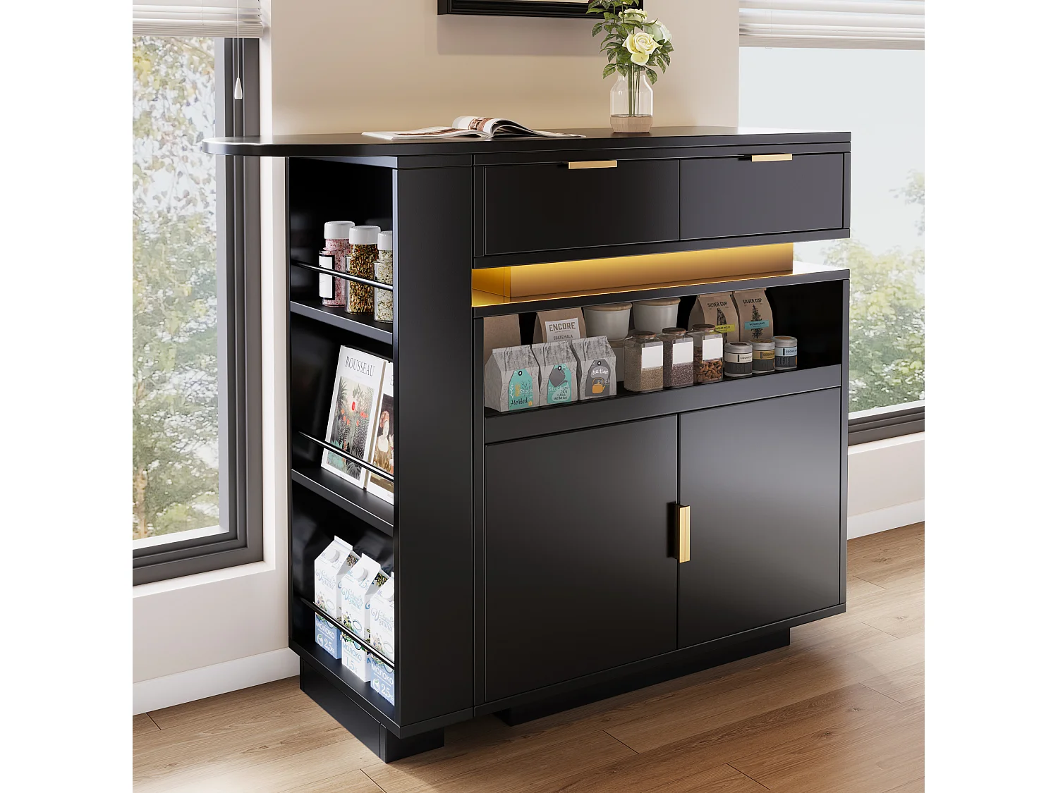 Table de bar extensible rotative noir avec 2 tiroirs, 2 portes et LED