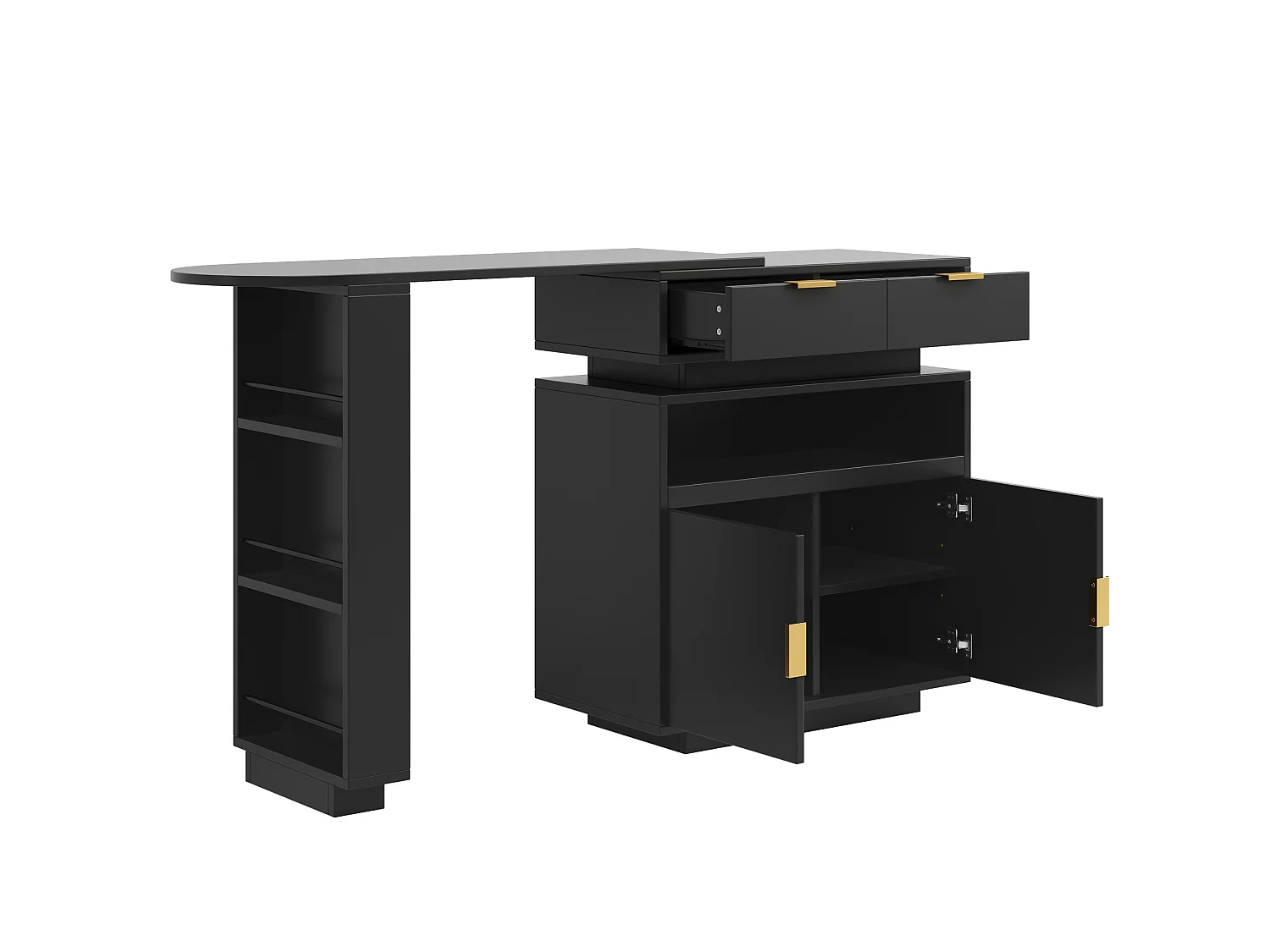 Table de bar extensible rotative noir avec 2 tiroirs, 2 portes et LED
