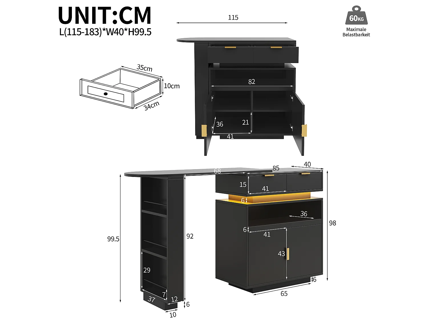 Table de bar extensible rotative noir avec 2 tiroirs, 2 portes et LED