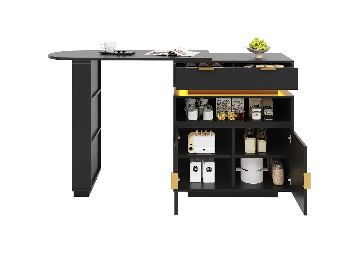 Table de bar extensible rotative noir avec 2 tiroirs, 2 portes et LED