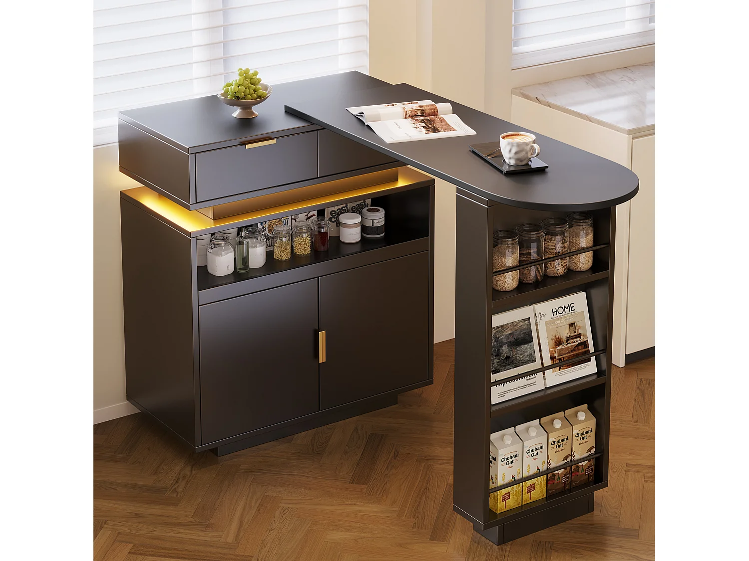 Table de bar extensible rotative noir avec 2 tiroirs, 2 portes et LED