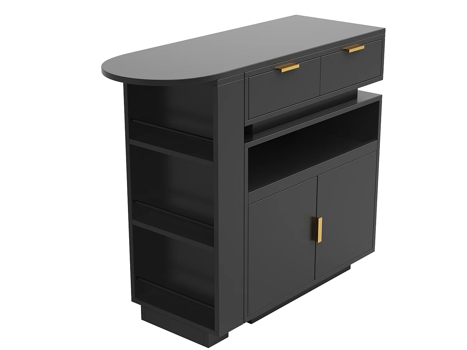 Table de bar extensible rotative noir avec 2 tiroirs, 2 portes et LED