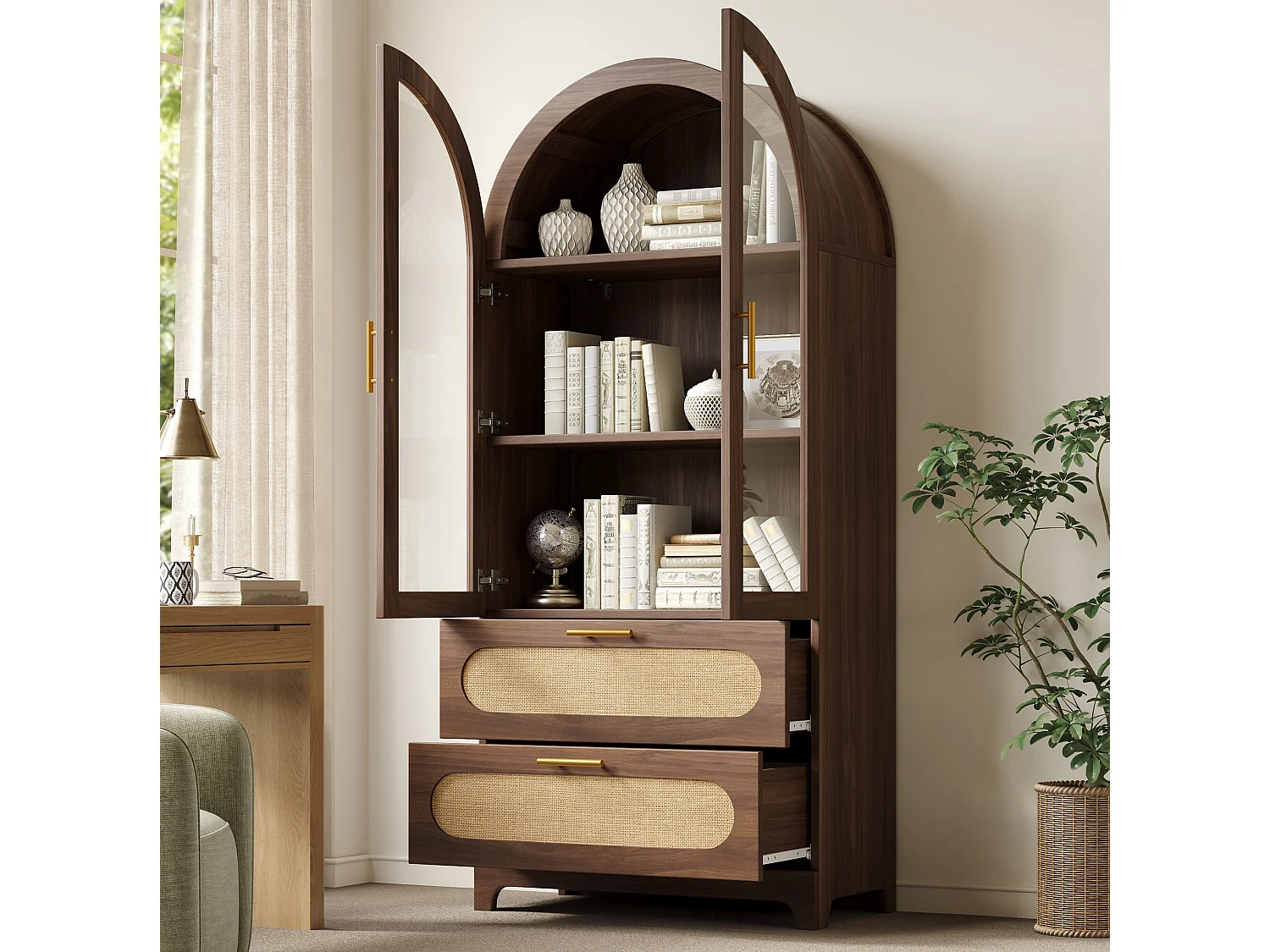 Set van 2 bruine dressoirs, 160x40x175 cm, met 2 lades en 2 glazen deuren