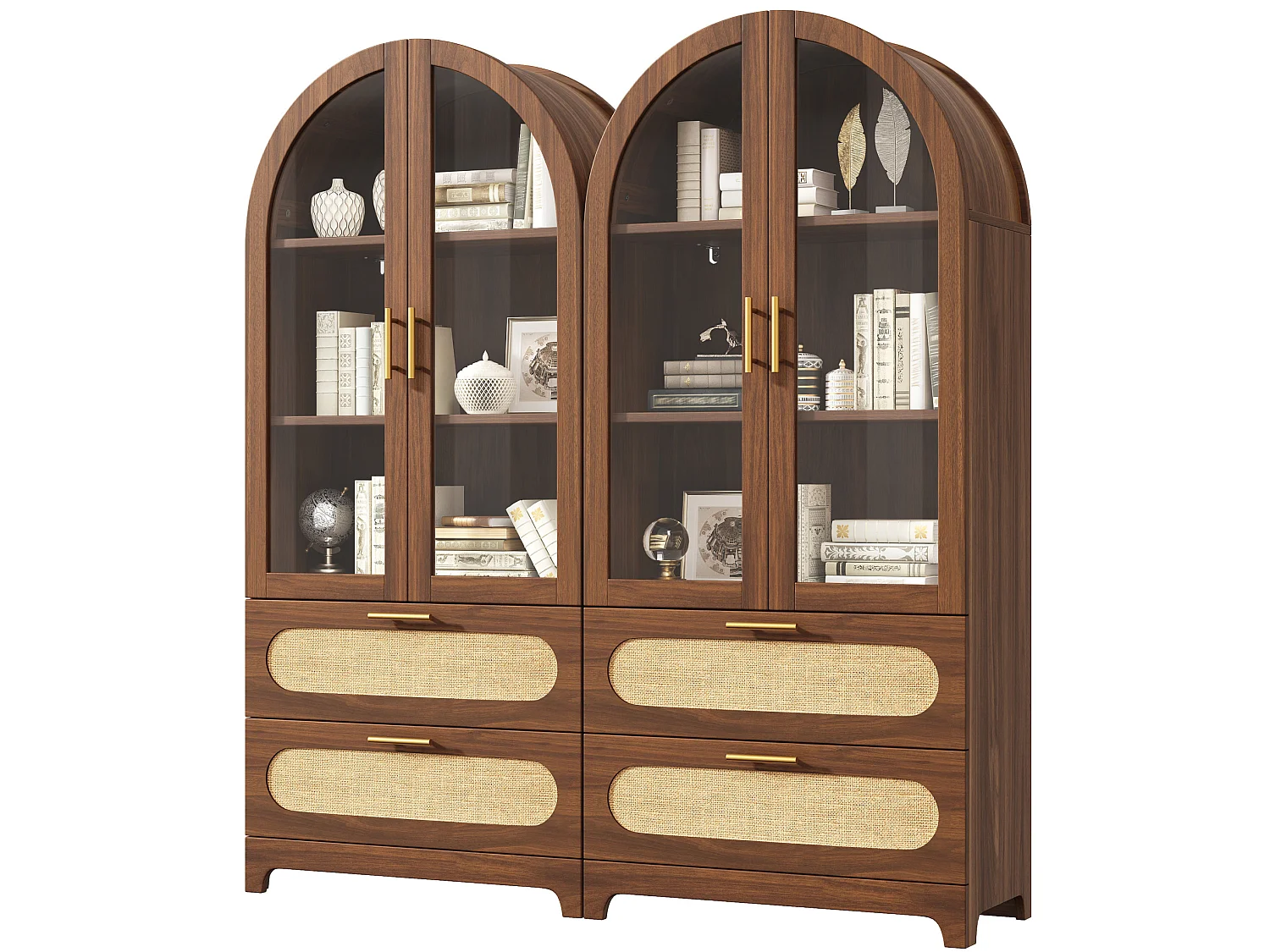 Set van 2 bruine dressoirs, 160x40x175 cm, met 2 lades en 2 glazen deuren