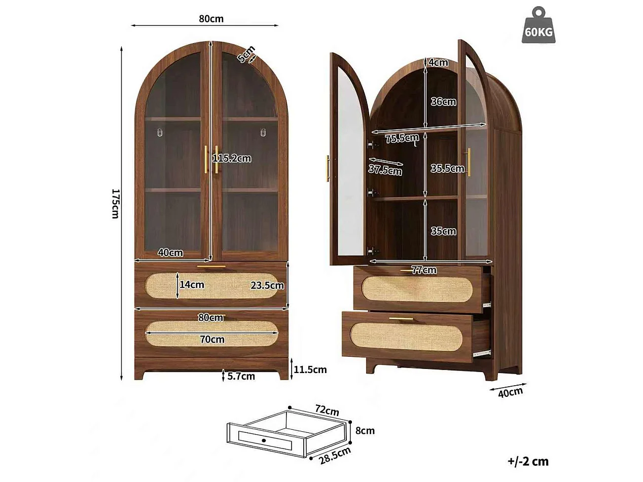 Set van 2 bruine dressoirs, 160x40x175 cm, met 2 lades en 2 glazen deuren