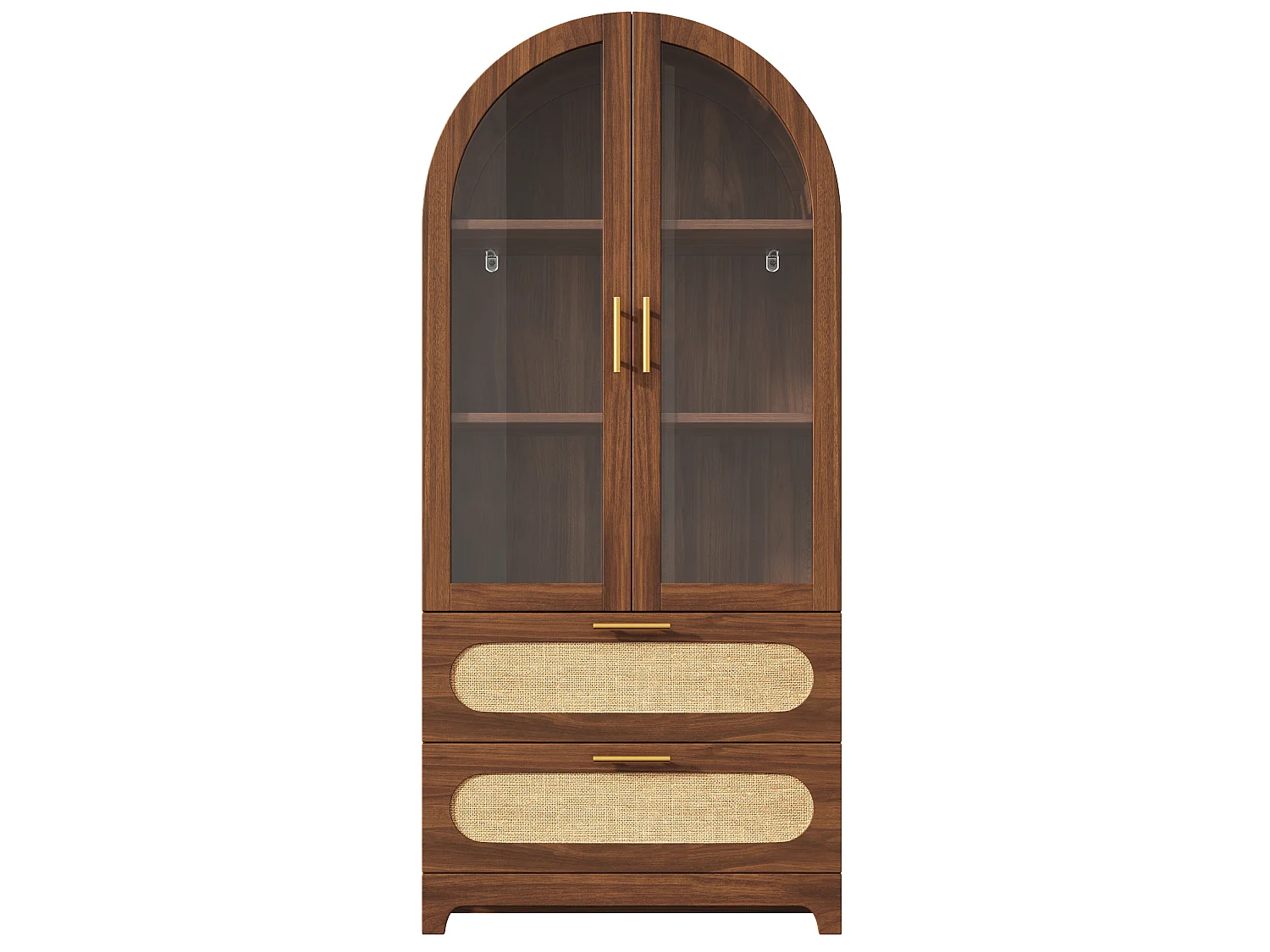 Set van 2 bruine dressoirs, 160x40x175 cm, met 2 lades en 2 glazen deuren