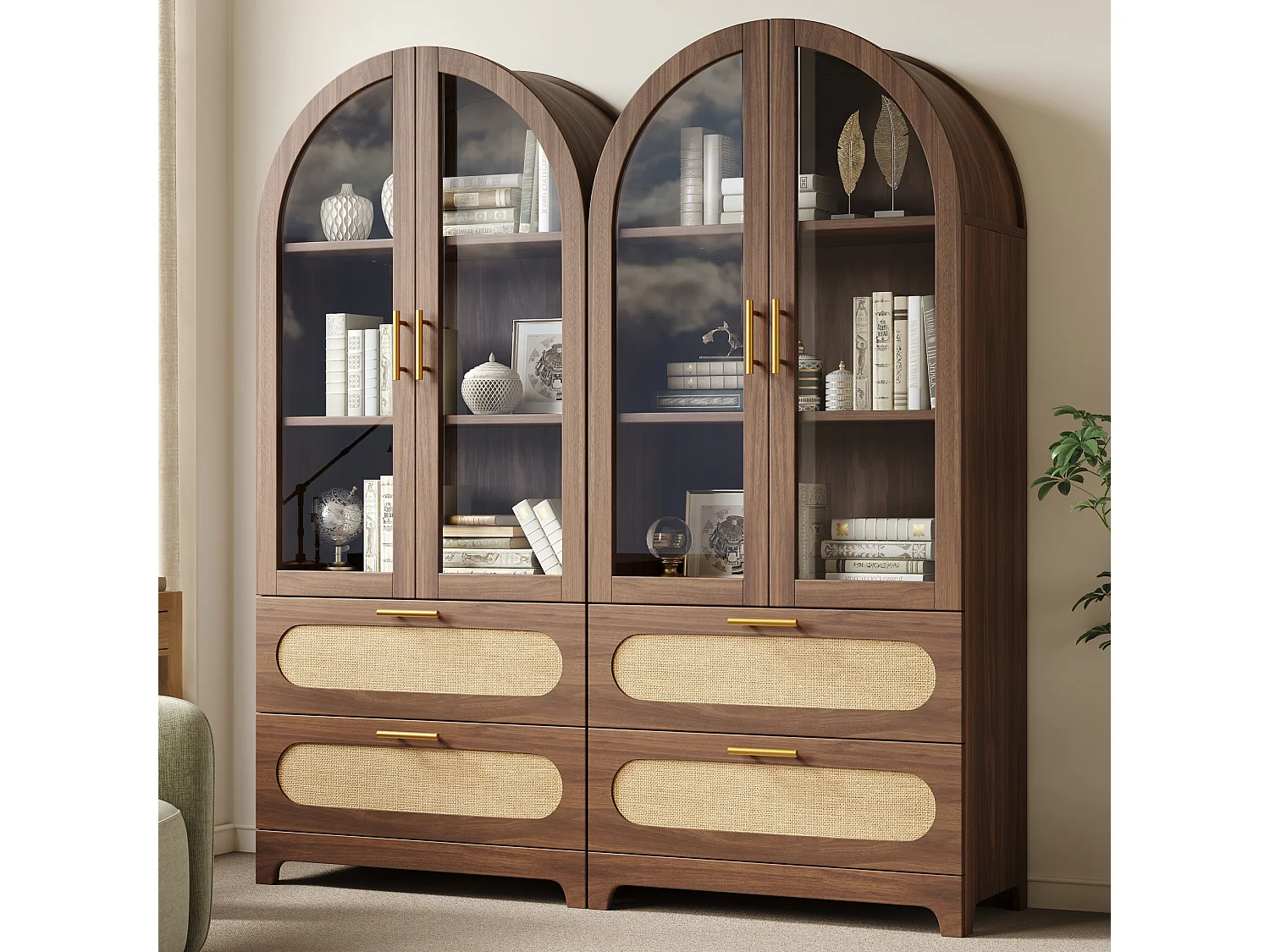Set van 2 bruine dressoirs, 160x40x175 cm, met 2 lades en 2 glazen deuren