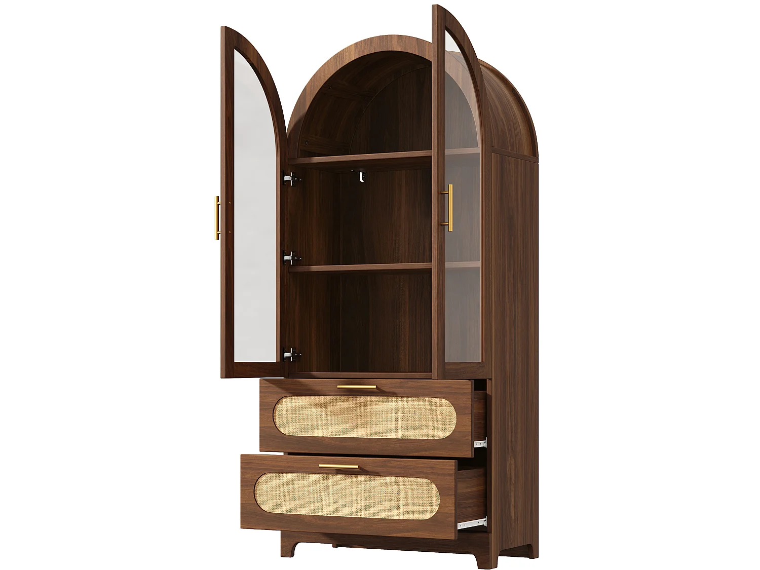 Set van 2 bruine dressoirs, 160x40x175 cm, met 2 lades en 2 glazen deuren