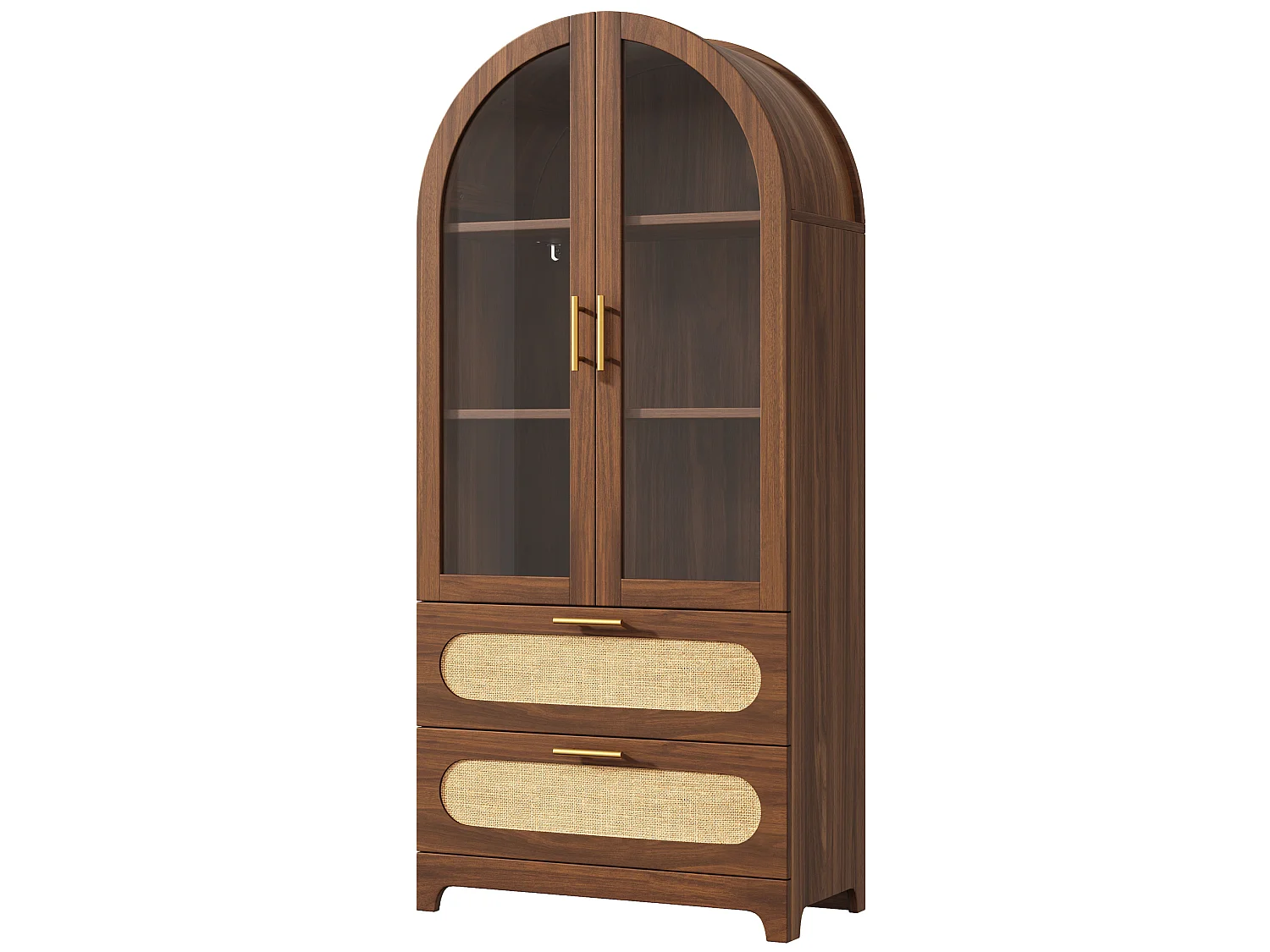 Set van 2 bruine dressoirs, 160x40x175 cm, met 2 lades en 2 glazen deuren