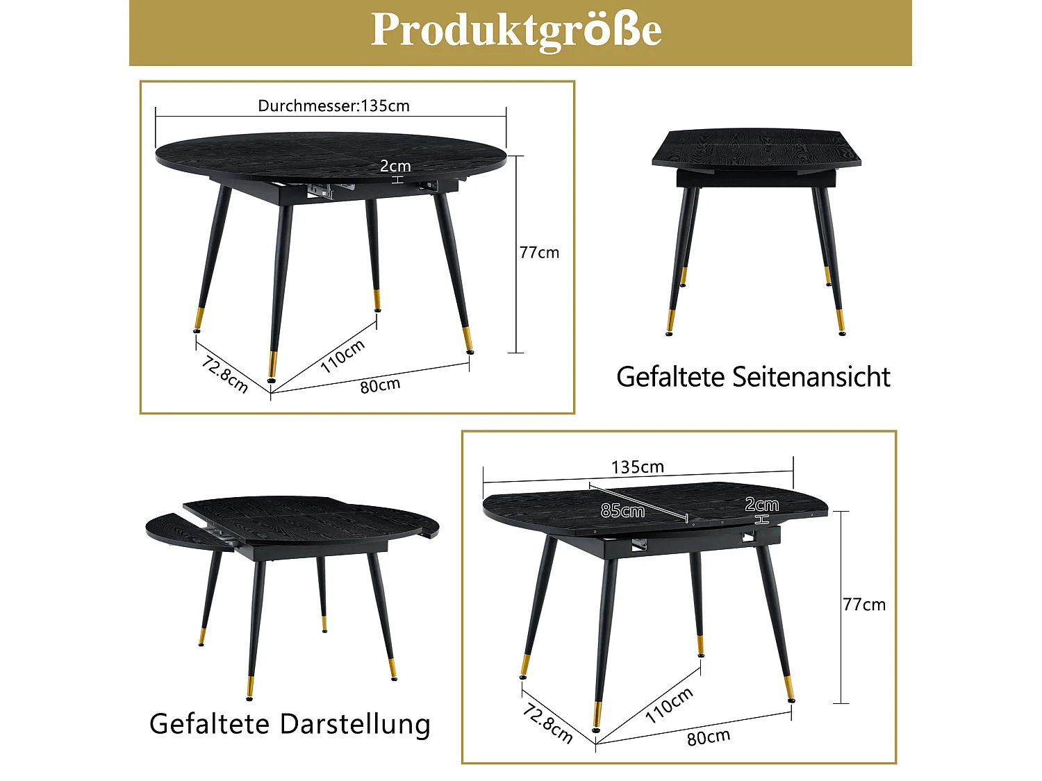 Uitschuifbare eettafel 135 x 85 (135) cm met metalen poten - Zwart