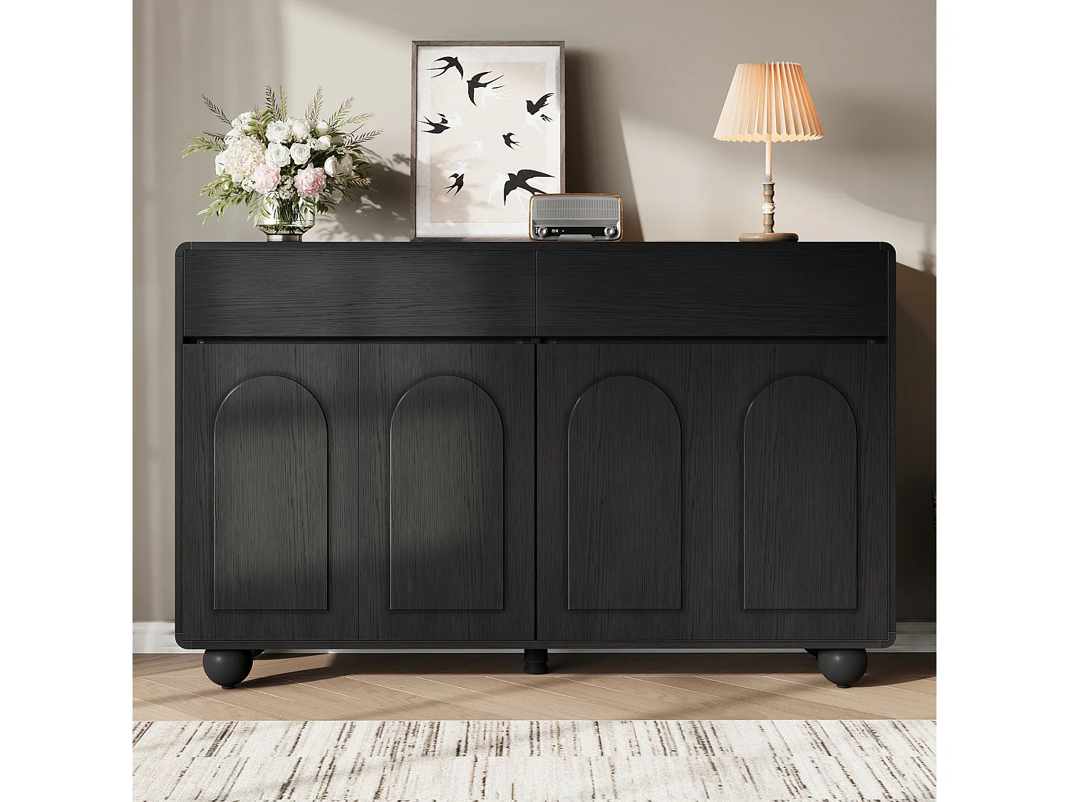 Buffet 140 x 38 x 89 cm avec 2 tiroirs et 4 portes - Lignes courbes - Noir