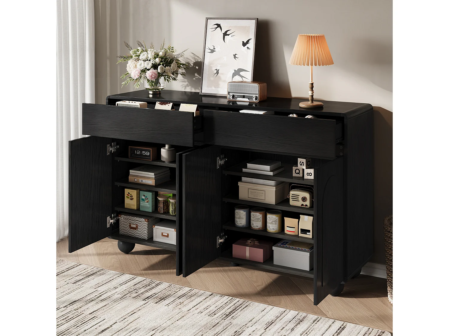Buffet 140 x 38 x 89 cm avec 2 tiroirs et 4 portes - Lignes courbes - Noir