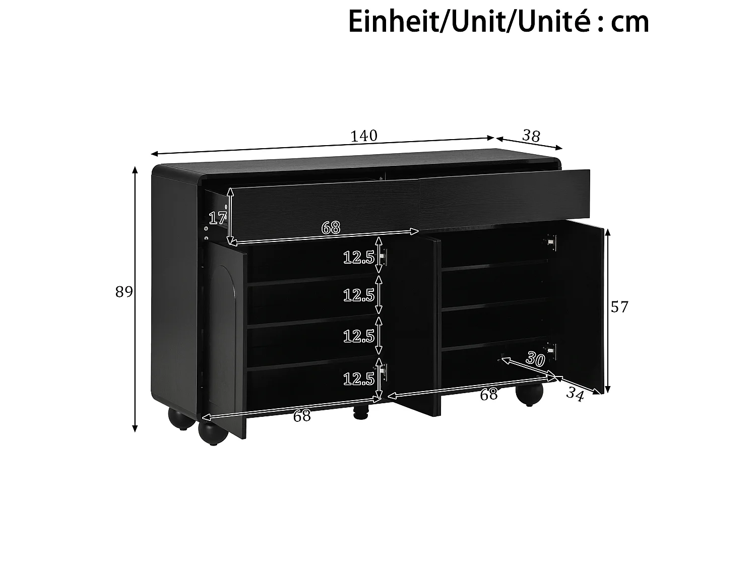 Buffet 140 x 38 x 89 cm avec 2 tiroirs et 4 portes - Lignes courbes - Noir