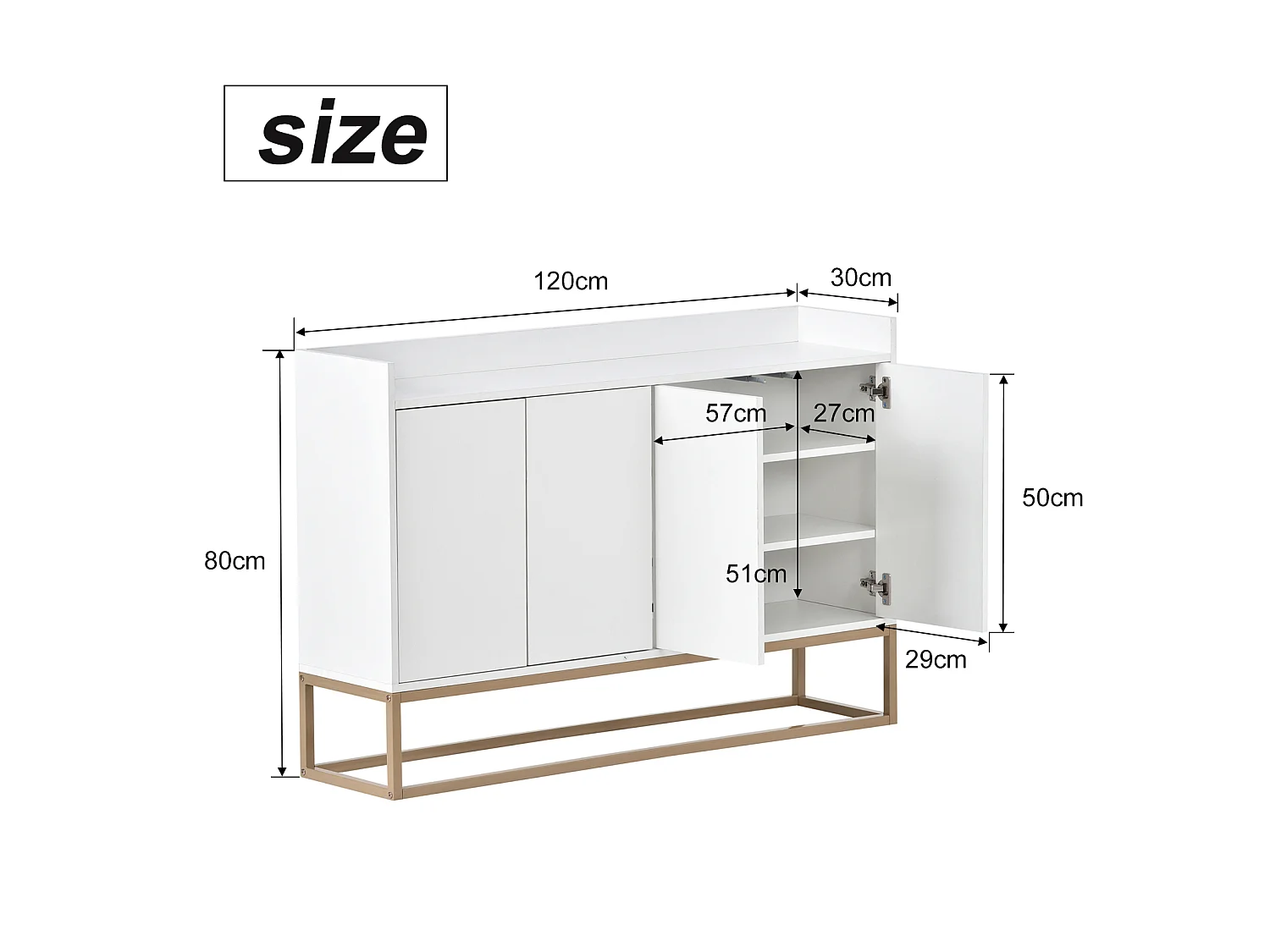 Buffet avec Pieds en métal doré, Meuble de Rangement de Style Moderne, Armoire, 4 Portes, 120x30x80 cm, pour Cuisine, Salle à Manger, Salon, Blanc