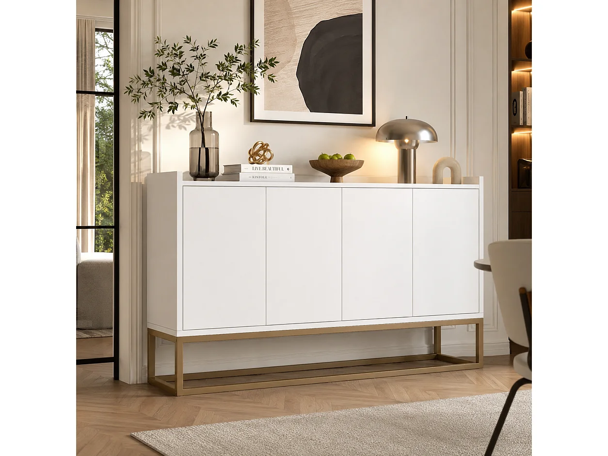 Buffet avec Pieds en métal doré, Meuble de Rangement de Style Moderne, Armoire, 4 Portes, 120x30x80 cm, pour Cuisine, Salle à Manger, Salon, Blanc