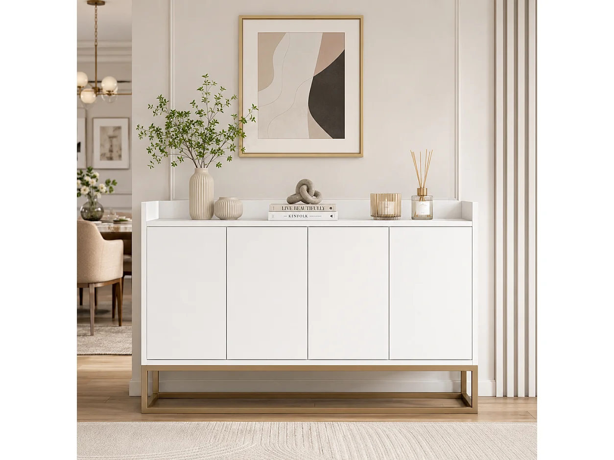 Buffet avec Pieds en métal doré, Meuble de Rangement de Style Moderne, Armoire, 4 Portes, 120x30x80 cm, pour Cuisine, Salle à Manger, Salon, Blanc