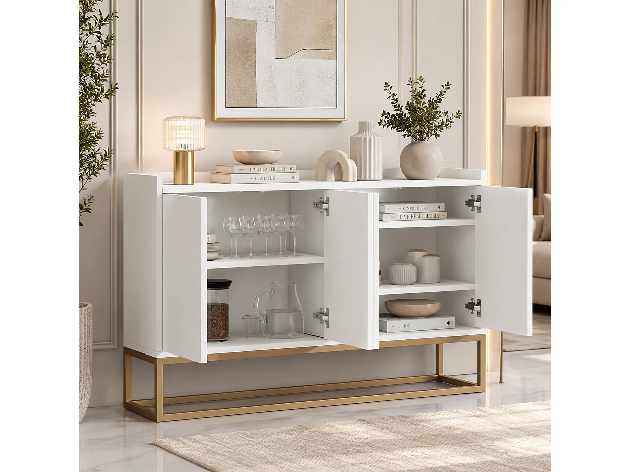 Buffet avec Pieds en métal doré, Meuble de Rangement de Style Moderne, Armoire, 4 Portes, 120x30x80 cm, pour Cuisine, Salle à Manger, Salon, Blanc
