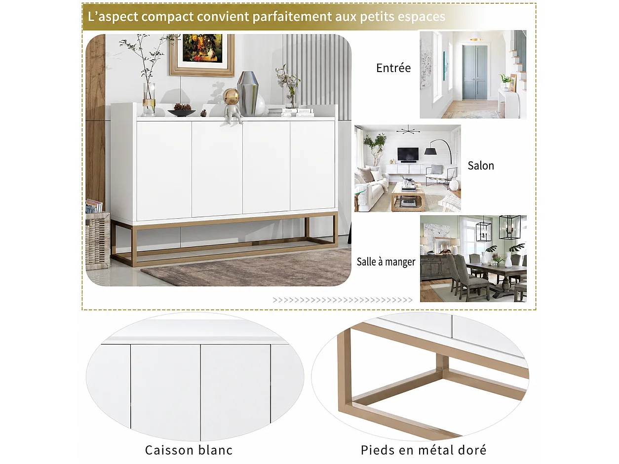 Buffet avec Pieds en métal doré, Meuble de Rangement de Style Moderne, Armoire, 4 Portes, 120x30x80 cm, pour Cuisine, Salle à Manger, Salon, Blanc