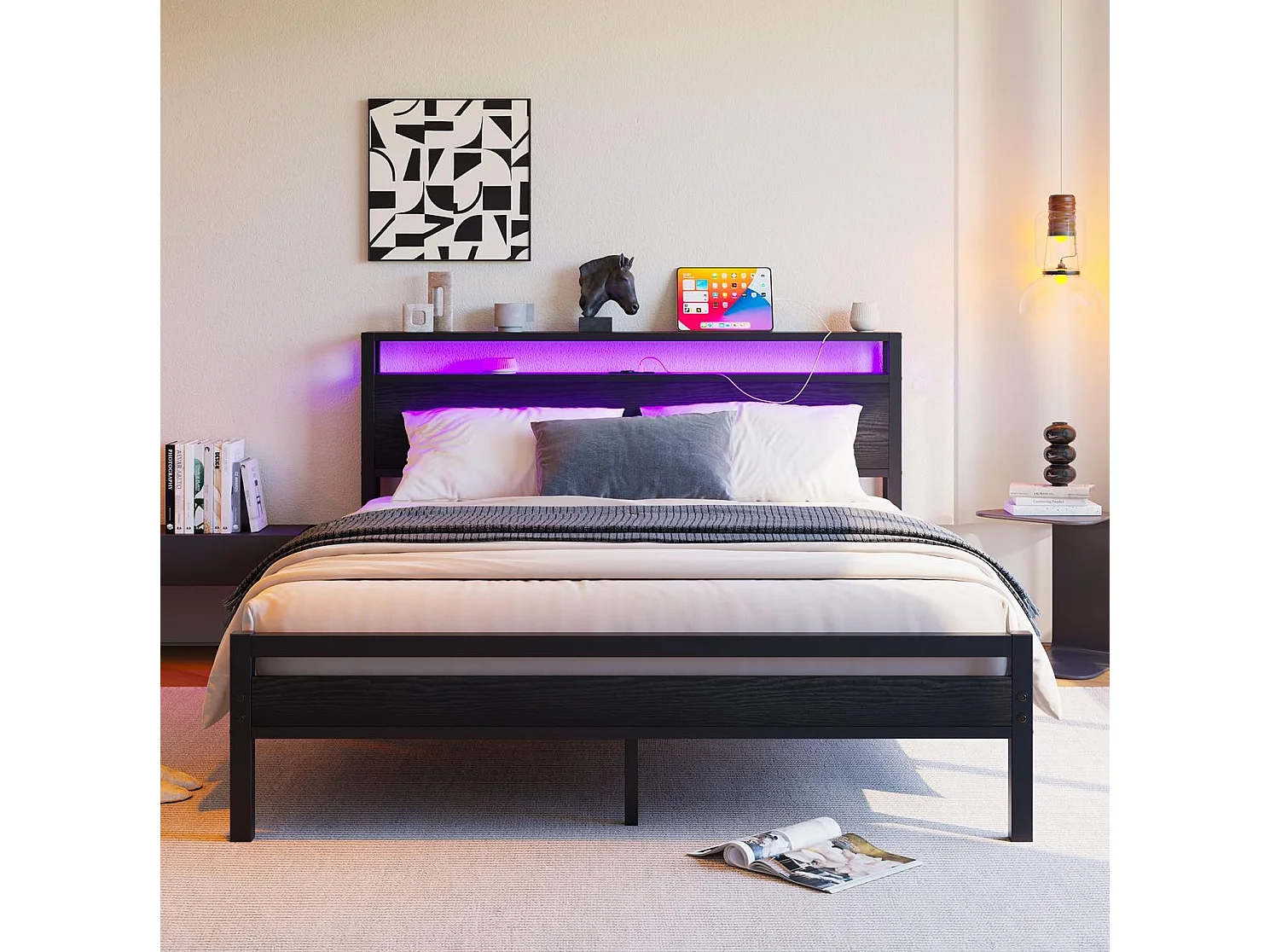 Volwassenenbed 140x190 cm met USB, LED en opbergruimte - MDF en zwart metaal