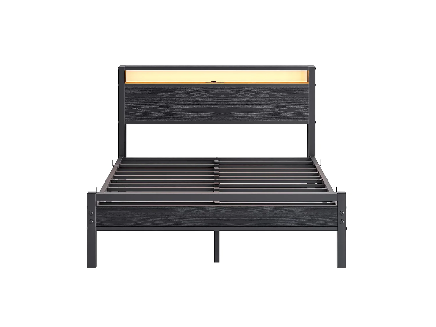 Volwassenenbed 140x190 cm met USB, LED en opbergruimte - MDF en zwart metaal