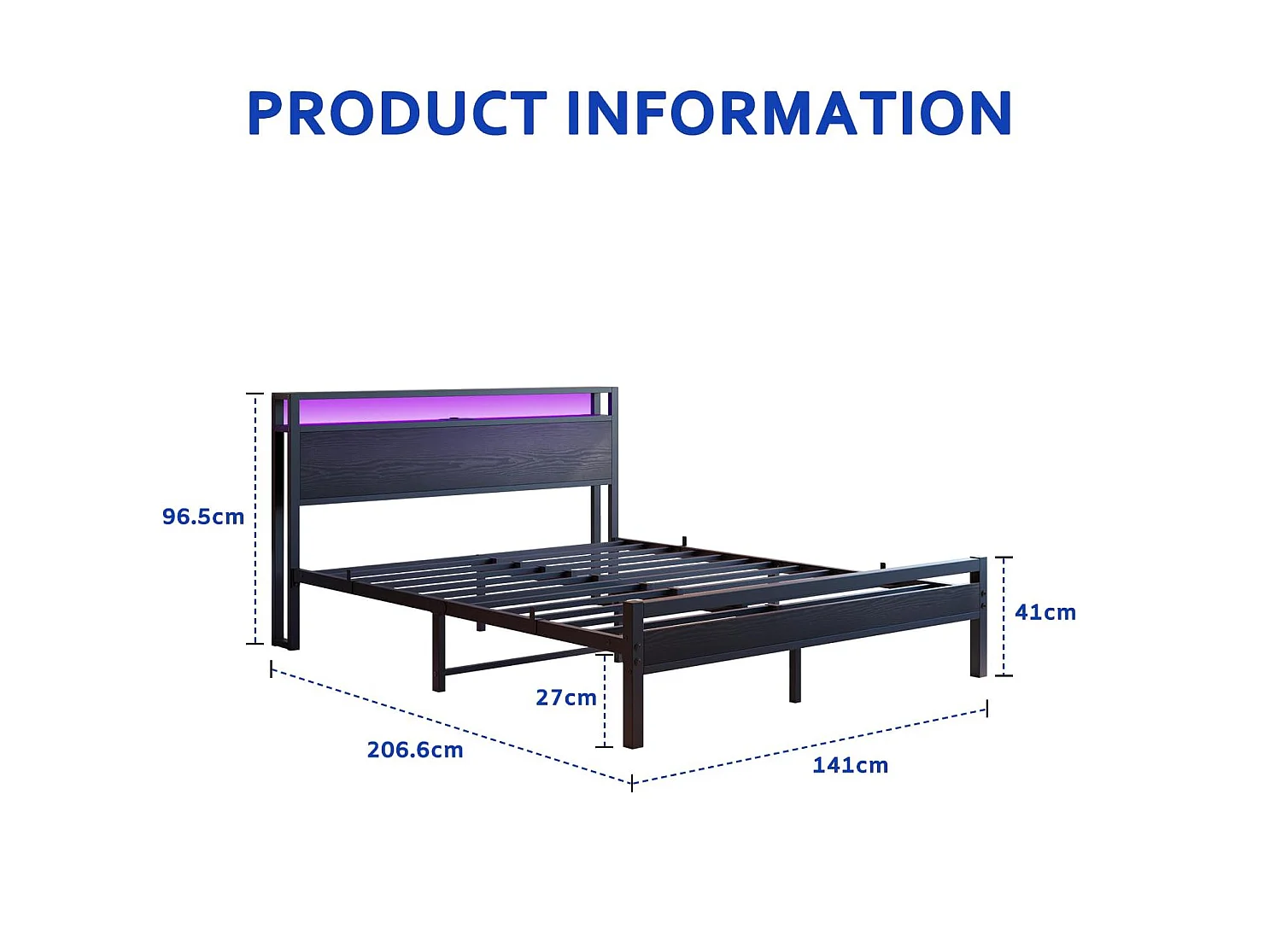 Volwassenenbed 140x190 cm met USB, LED en opbergruimte - MDF en zwart metaal