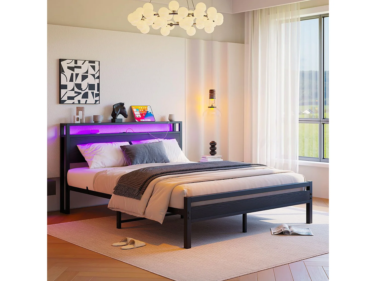Volwassenenbed 140x190 cm met USB, LED en opbergruimte - MDF en zwart metaal